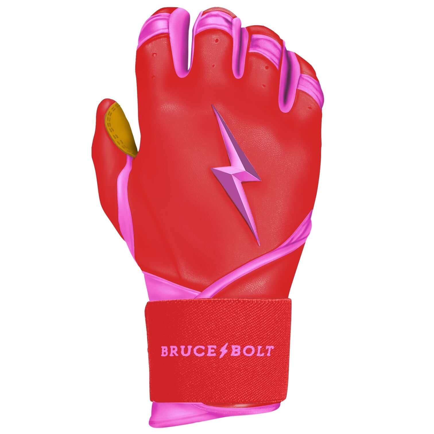 Bruce Bolt Premium Pro Bader Series Long Cuff Batting Gloves in vibrant pink and red design.