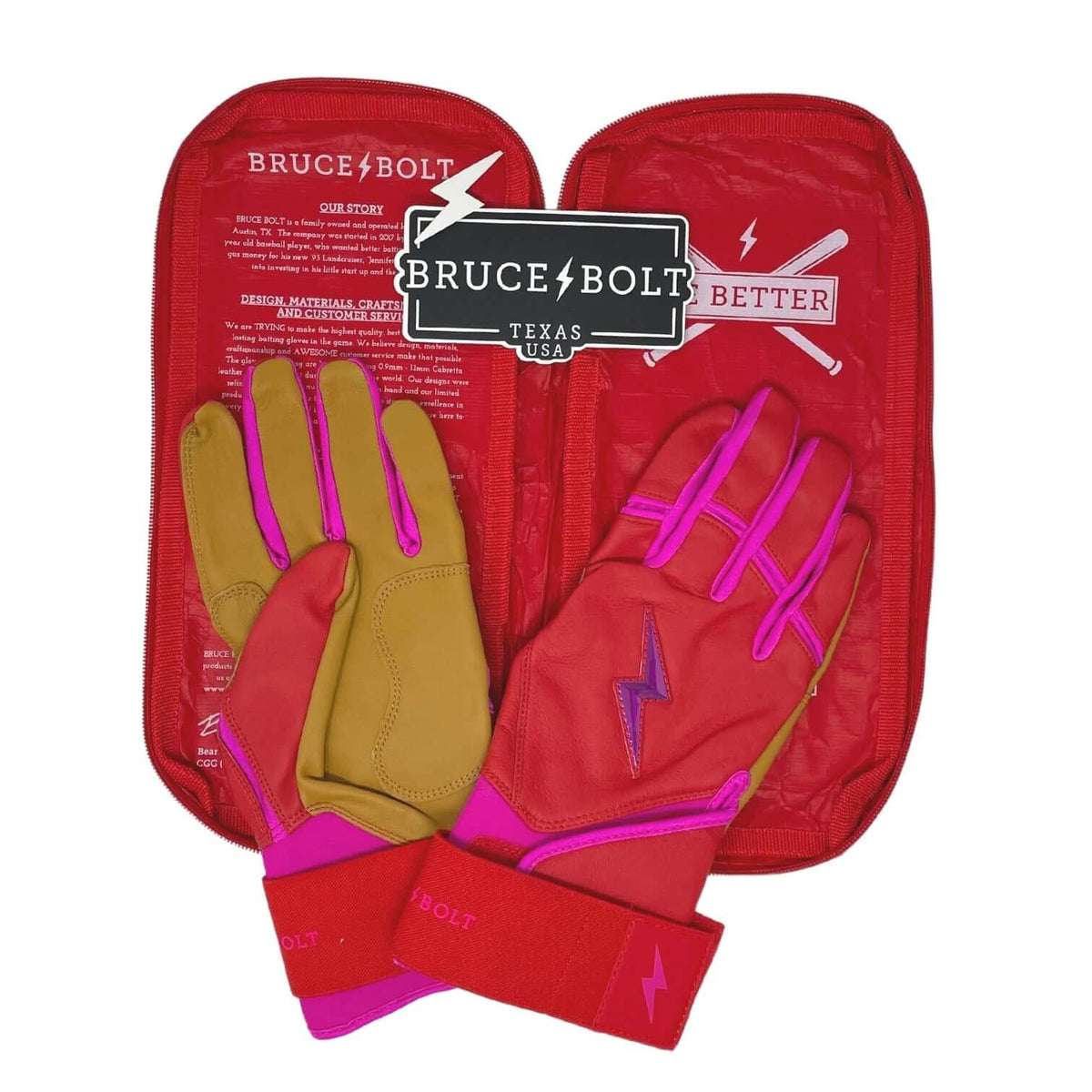 Bruce Bolt Youth Premium Pro Bader Series Long Cuff Batting Gloves in pink and red packaging displayed.