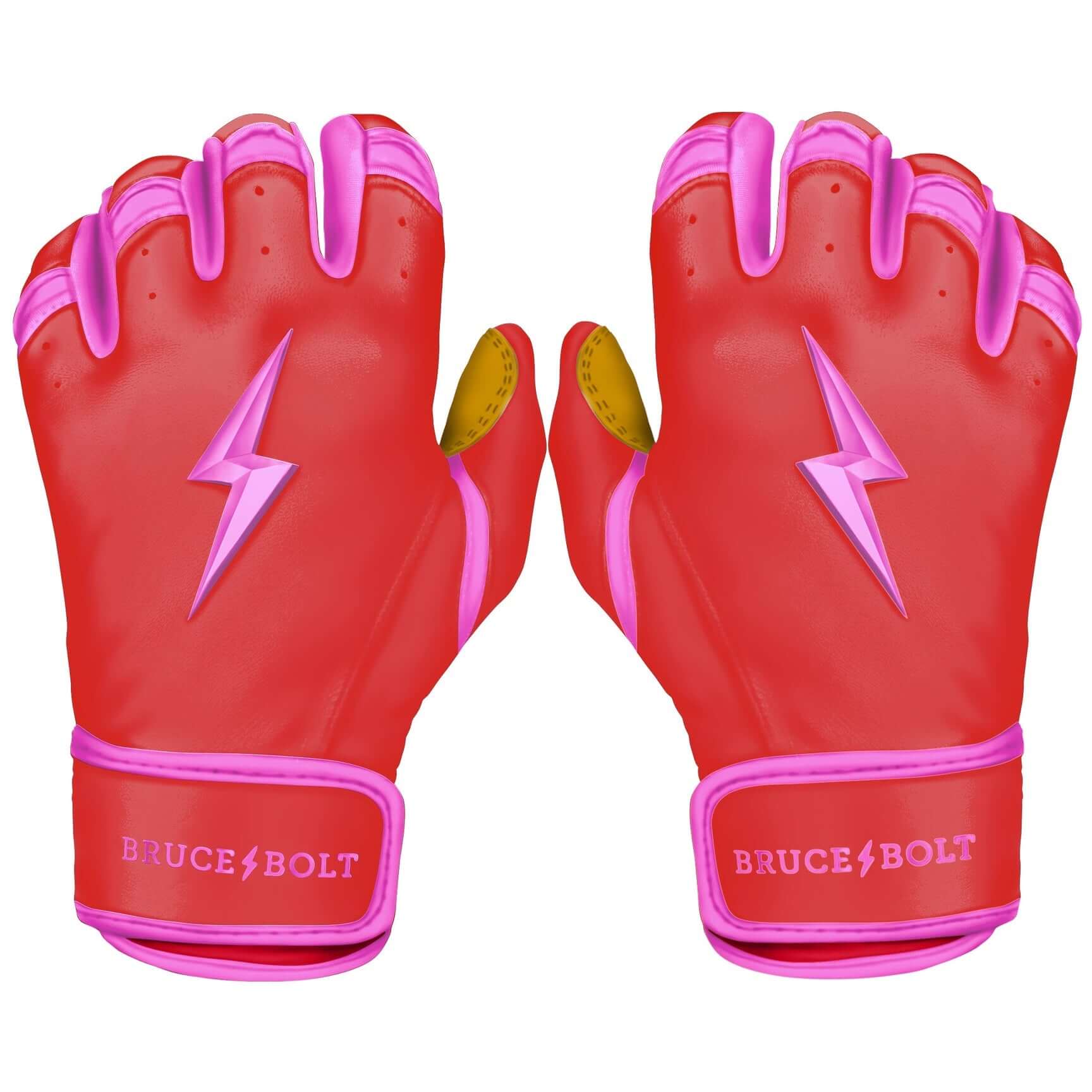Bruce Bolt Youth Premium Pro Bader Series Short Cuff Batting Gloves in pink and red with lightning logo, designed for comfort and durability.