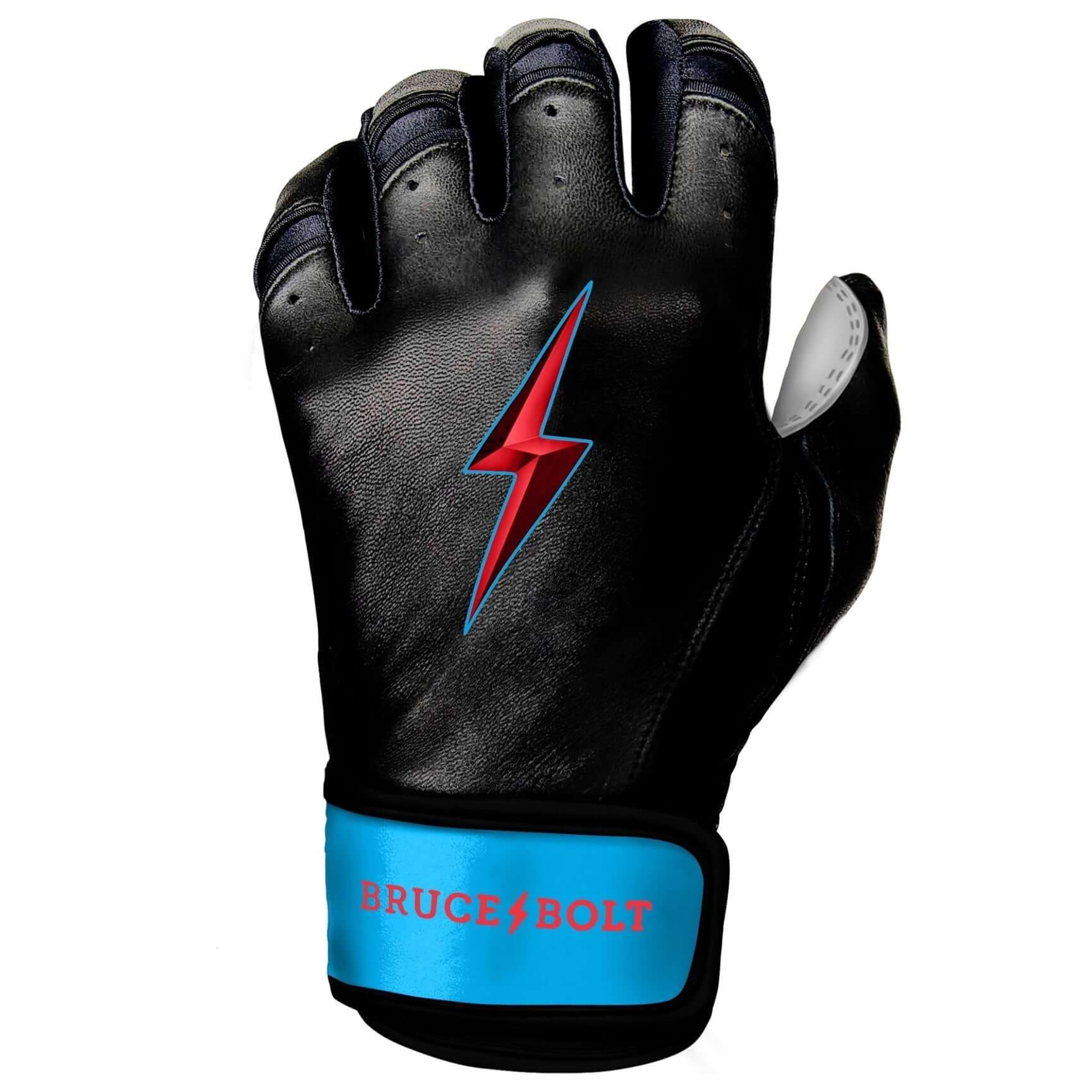 Bruce Bolt Premium Pro Brinson Series black batting glove with lightning logo and blue wrist strap.