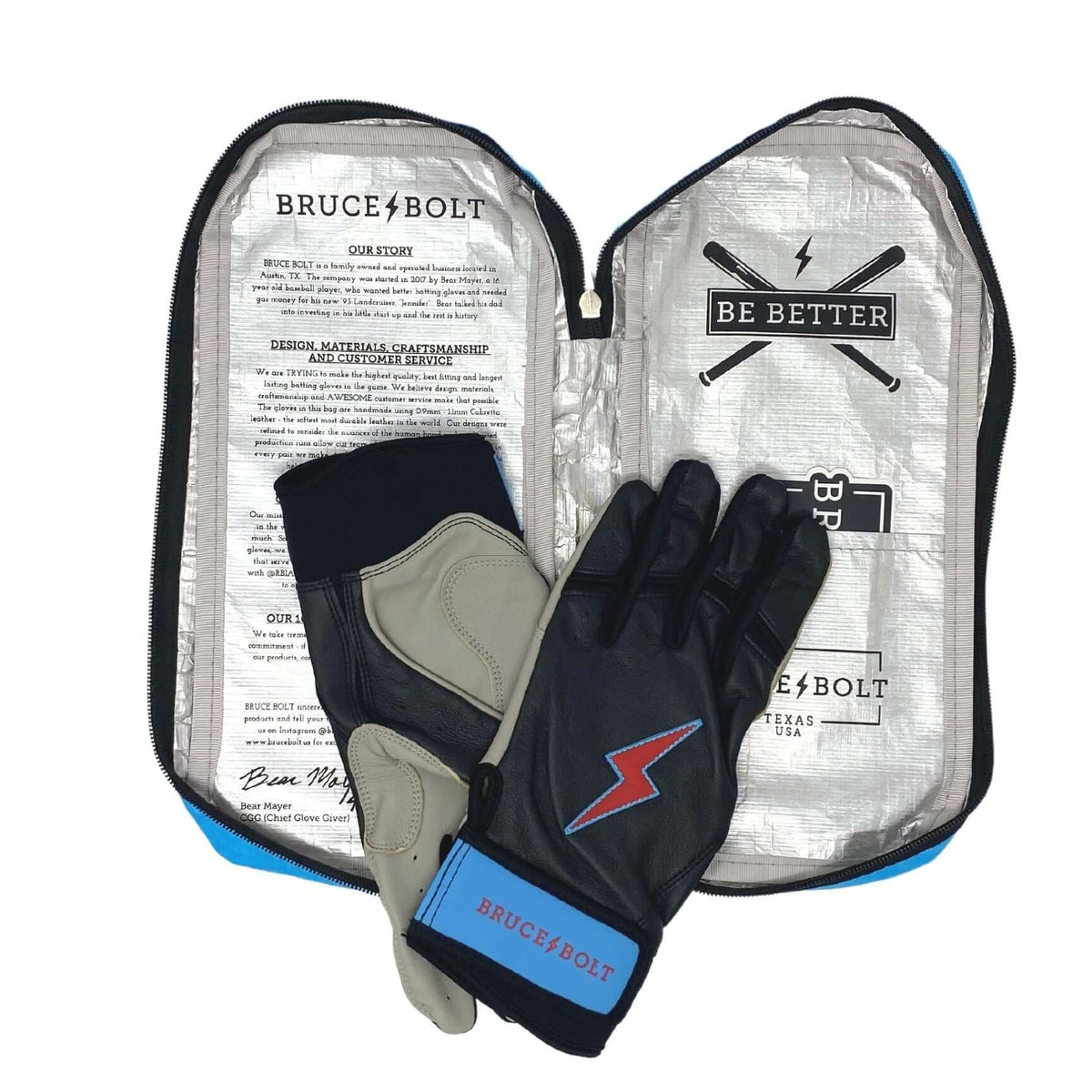 Bruce Bolt youth batting gloves displayed in packaging, featuring black gloves with red lightning bolt design.