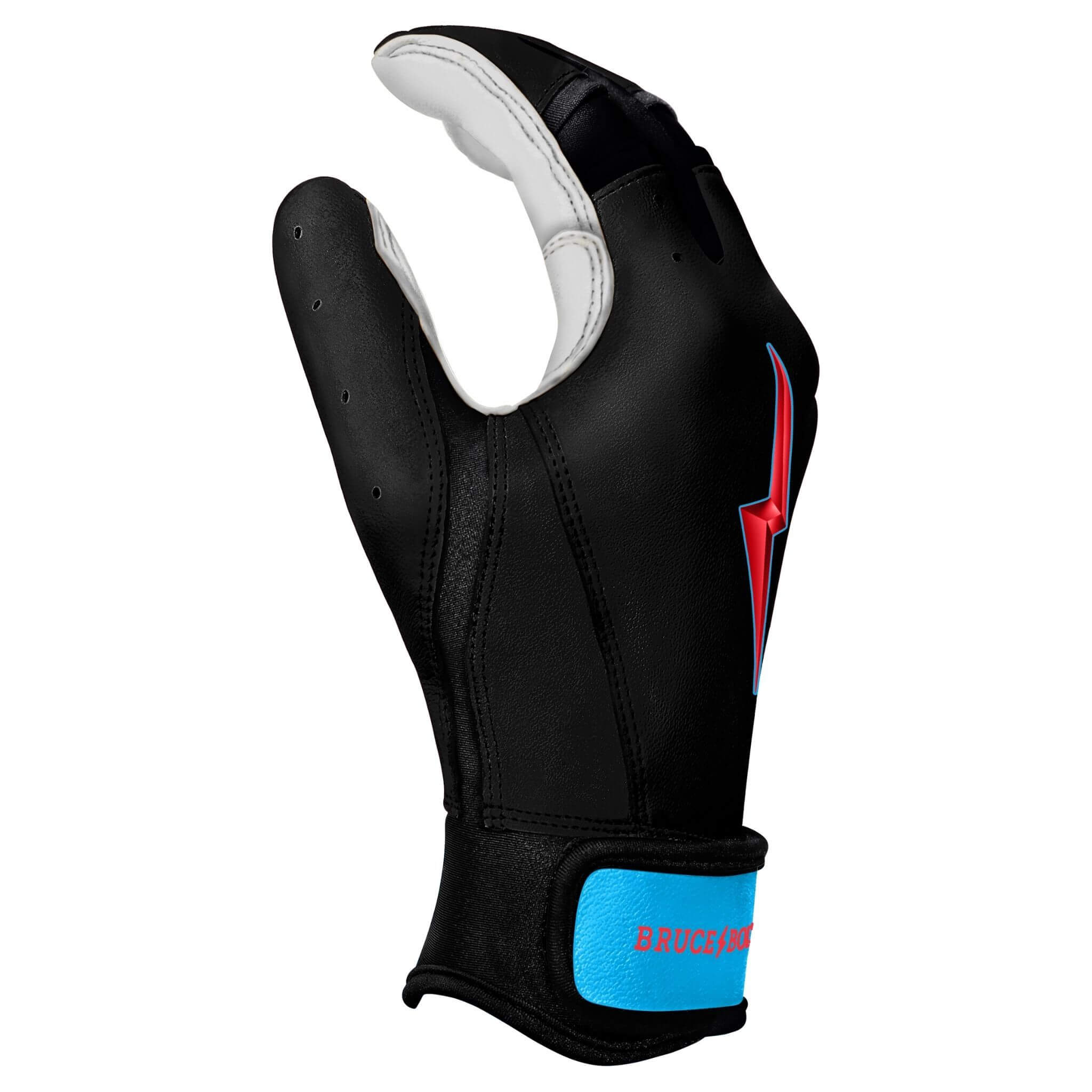 Bruce Bolt Premium Pro Brinson Series short cuff batting gloves in black with colorful accents and durable design.