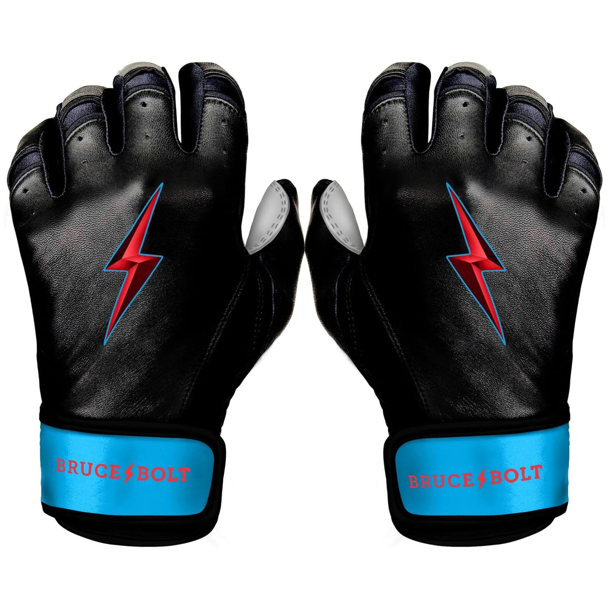 Bruce Bolt Youth Premium Pro Brinson Series Black Short Cuff Batting Gloves front view with red lightning logo.
