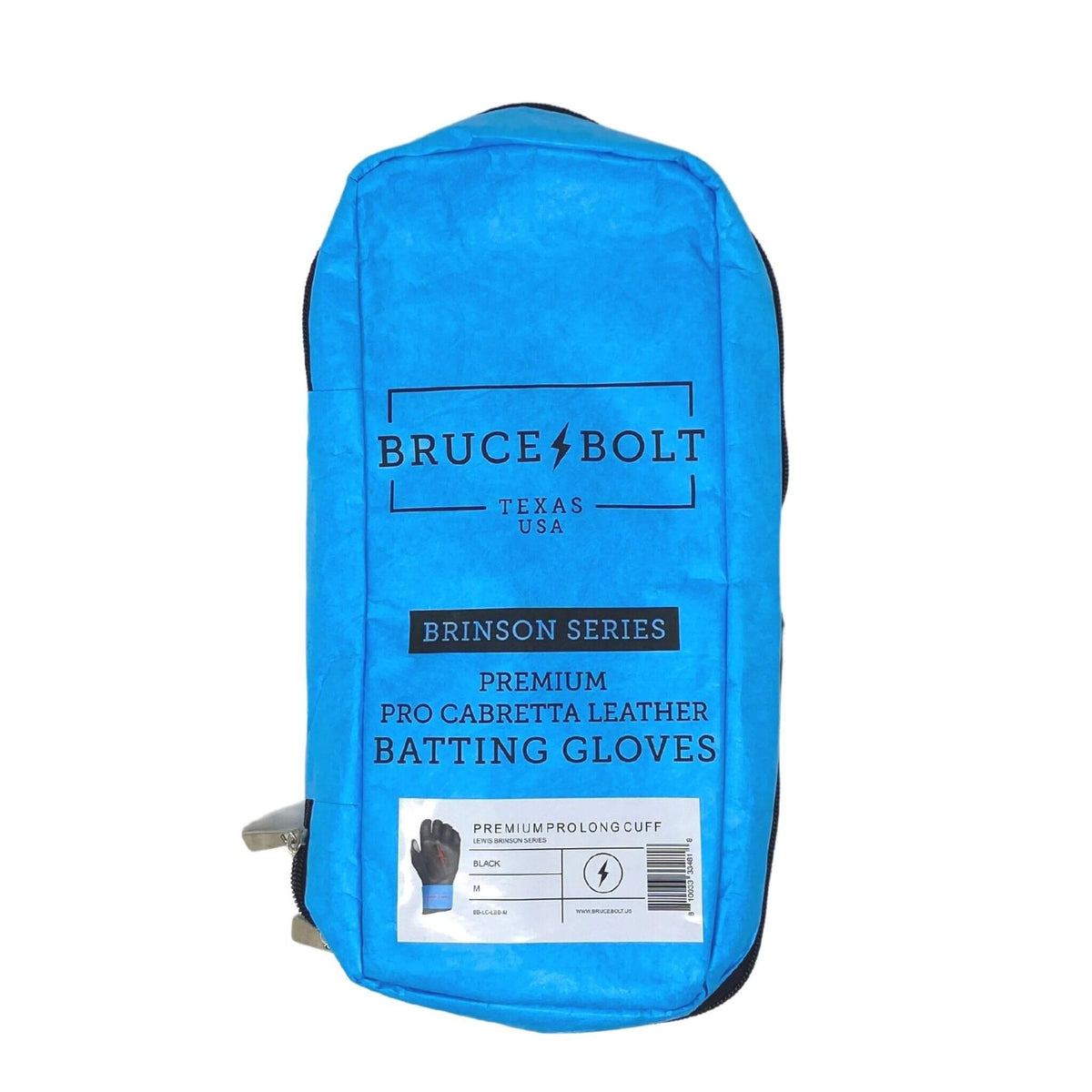 Bruce Bolt Brinson Series batting gloves packaging in blue, showcasing premium Cabretta leather and short cuff design.