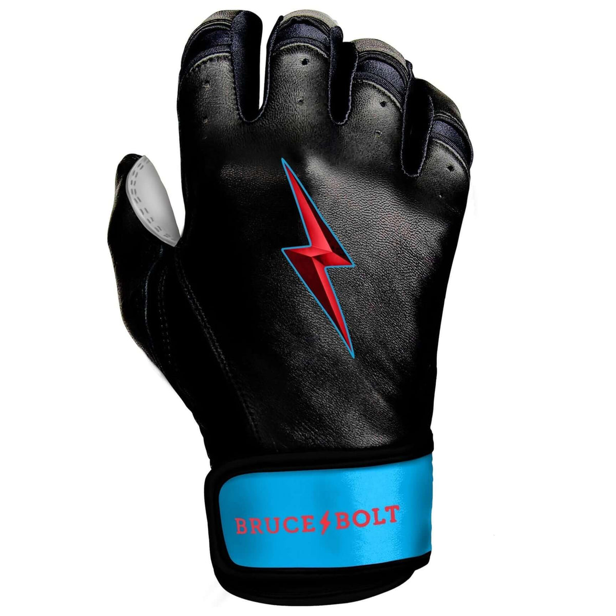 Bruce Bolt Youth Premium Pro Brinson Series Black Batting Gloves with blue accents and lightning graphic.
