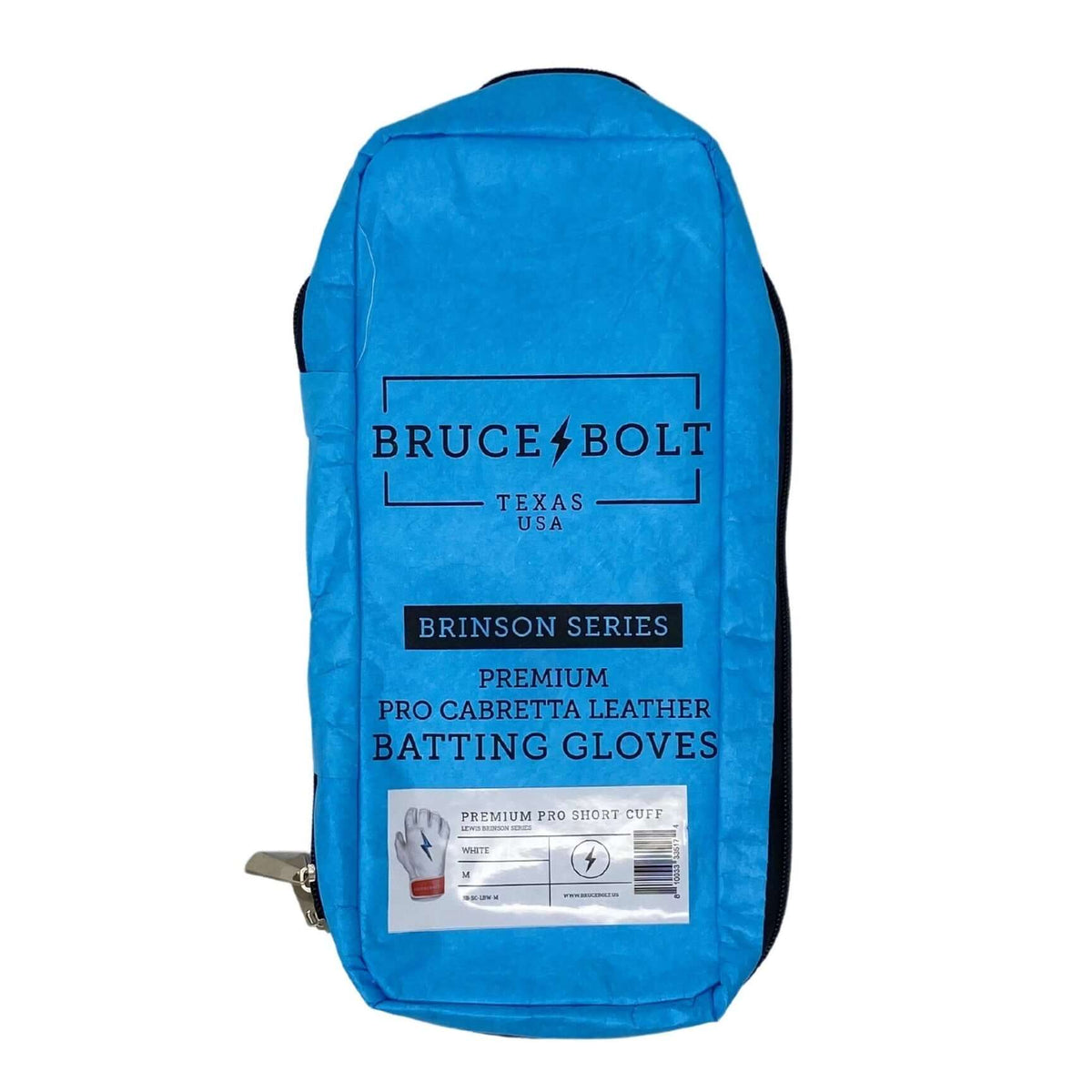 Bruce Bolt Brinson Series premium batting gloves packaging in blue, showcasing high-quality Cabretta leather and craftsmanship.