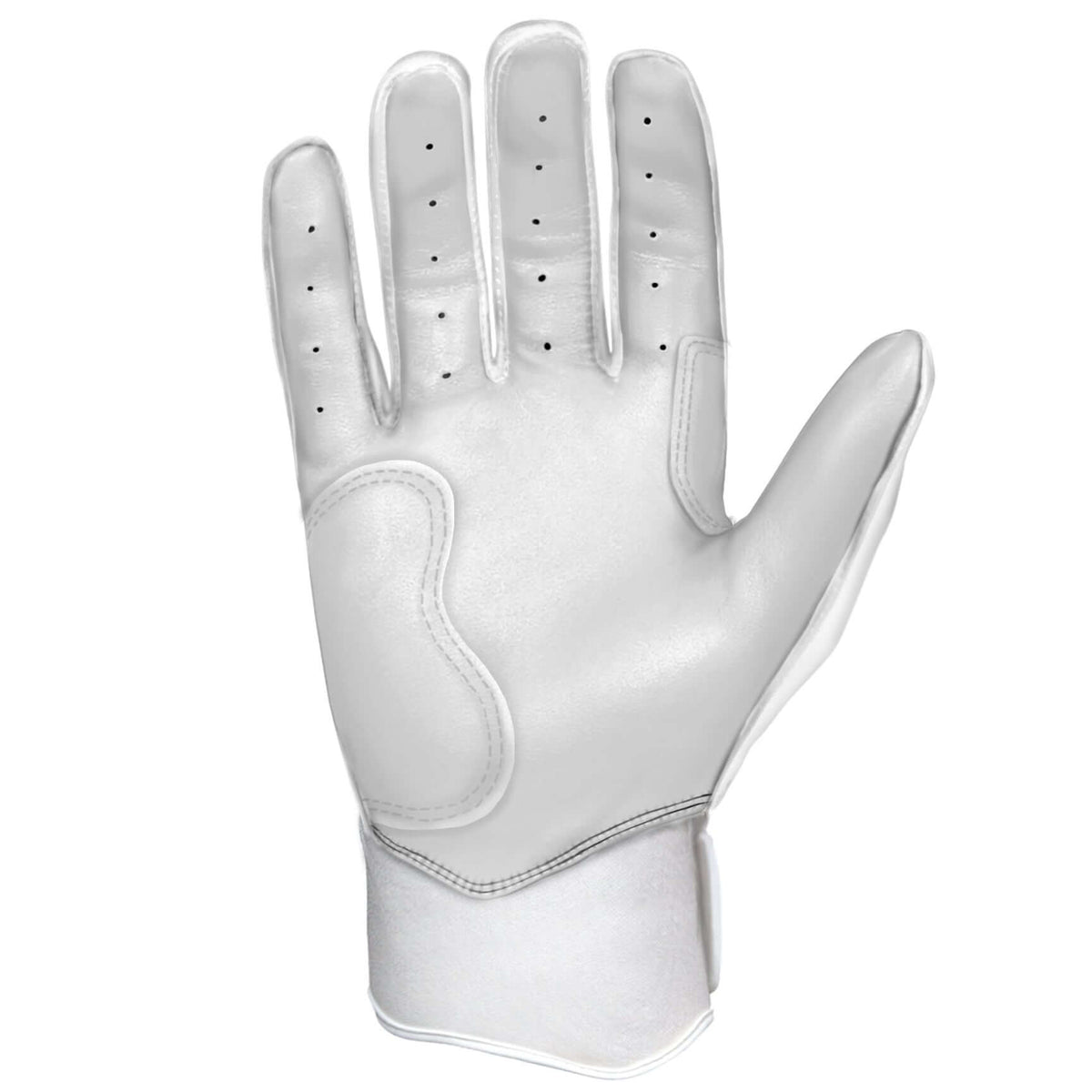 White Bruce Bolt Premium Pro Brinson Series Short Cuff Batting Gloves showcasing soft Cabretta leather craftsmanship.