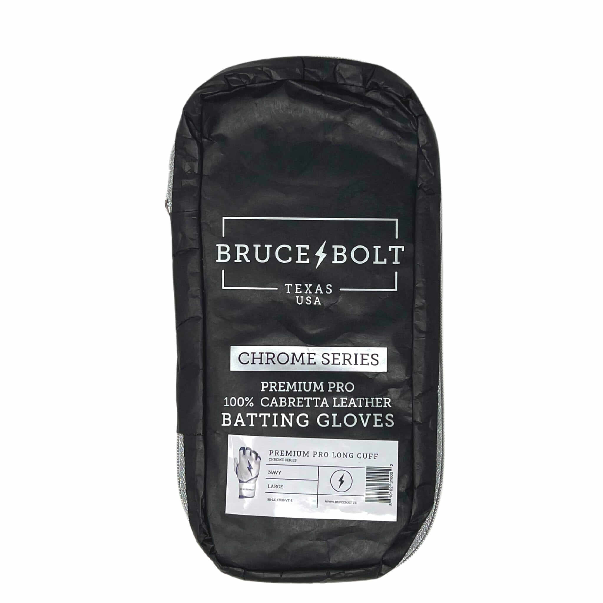 Bruce Bolt Premium Pro Chrome Long Cuff Batting Gloves packaging, made from 100% Cabretta leather, classic navy color.