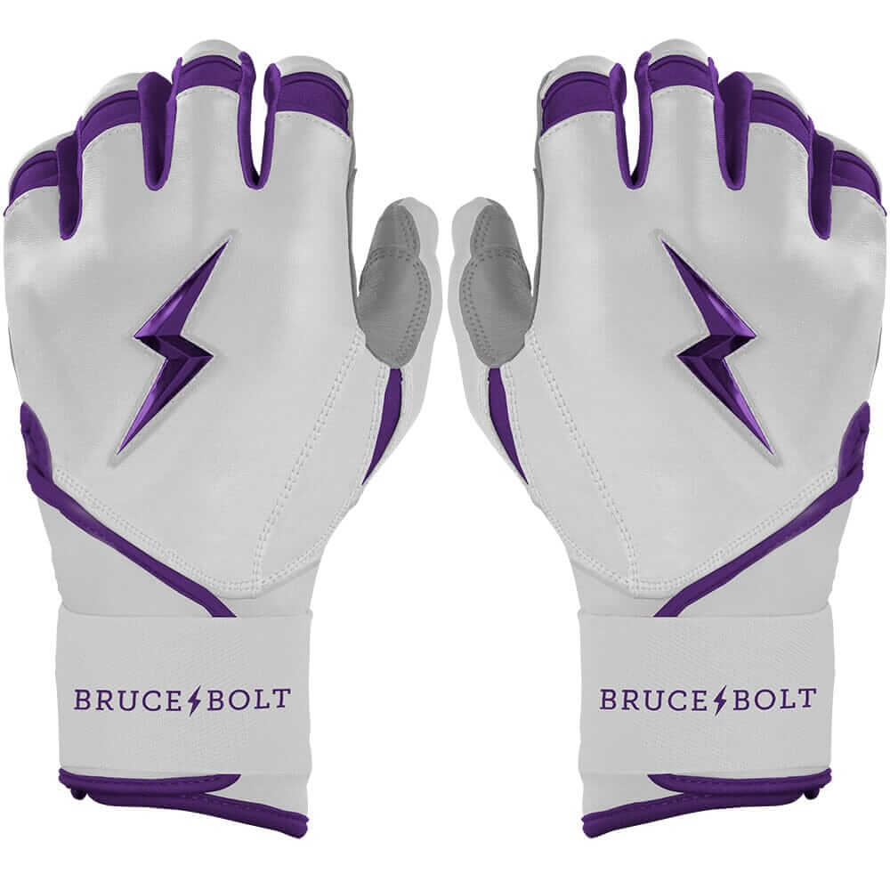 Bruce Bolt Premium Pro Chrome Long Cuff Batting Gloves in purple.