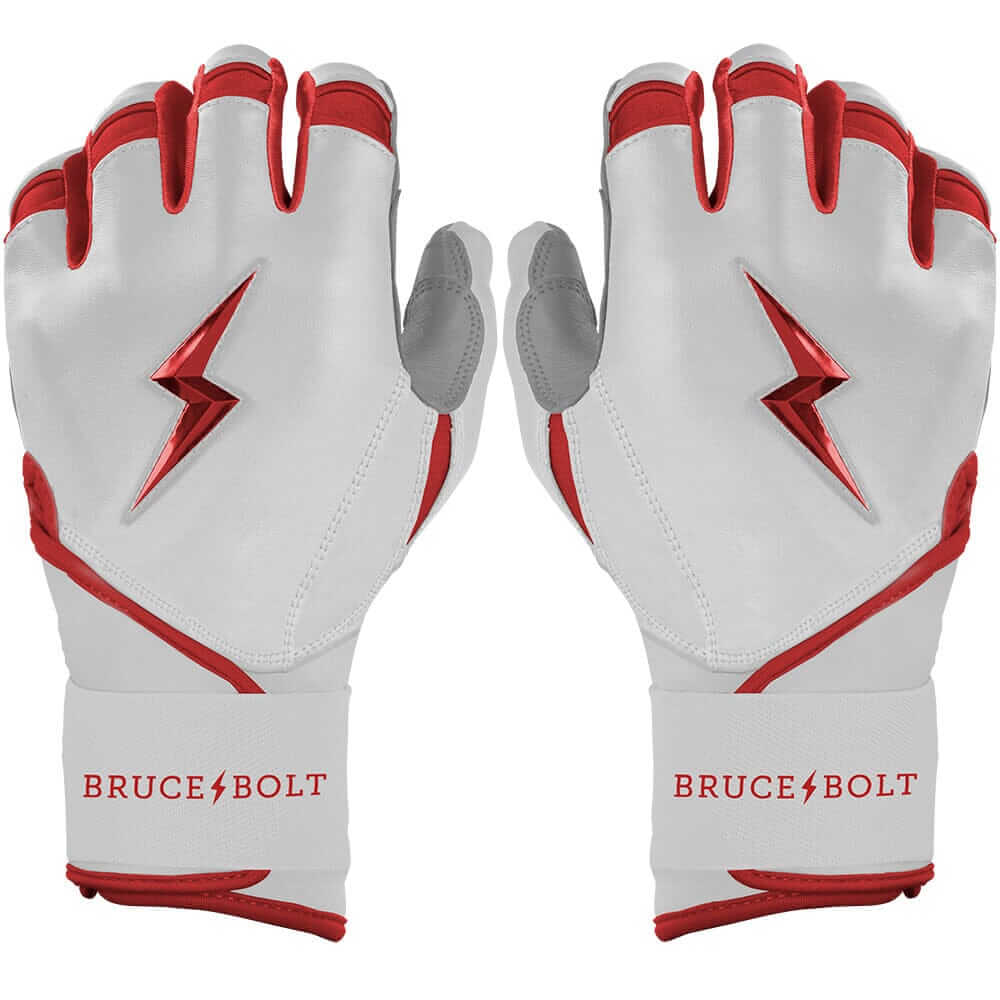 Bruce Bolt Youth Premium Pro Chrome Long Cuff Batting Gloves in red and white, featuring Cabretta leather for comfort and durability.