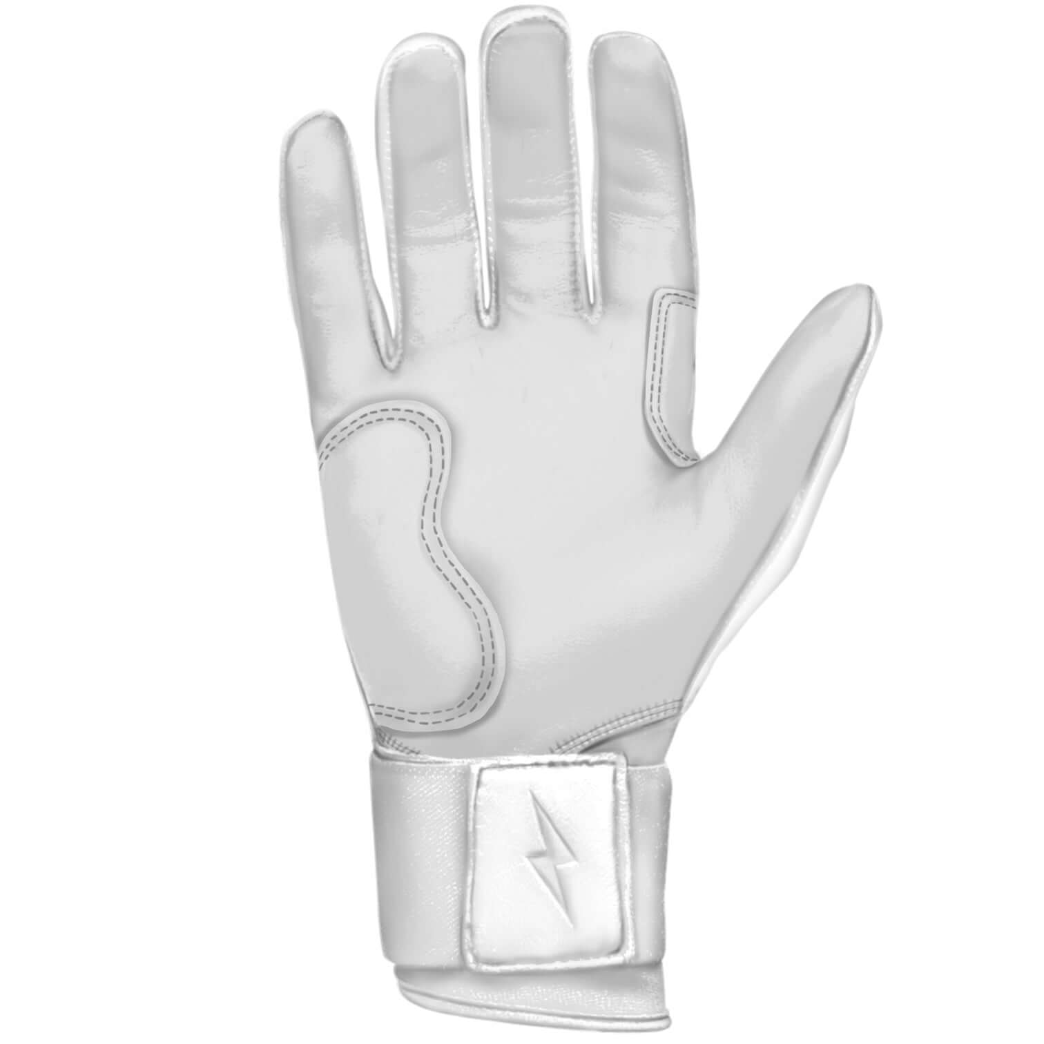 Bruce Bolt Premium Pro Chrome Long Cuff Batting Glove in White, featuring high-quality Cabretta leather and a reinforced palm.