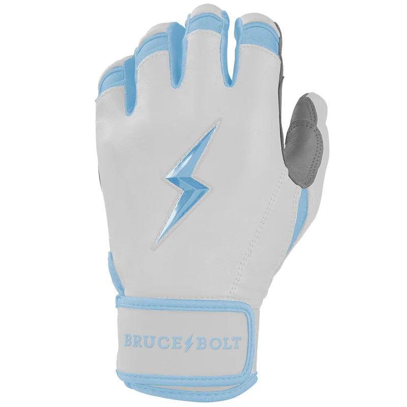 Left-hand Bruce Bolt Chrome Baby Blue batting glove displaying premium Cabretta texture and fit.