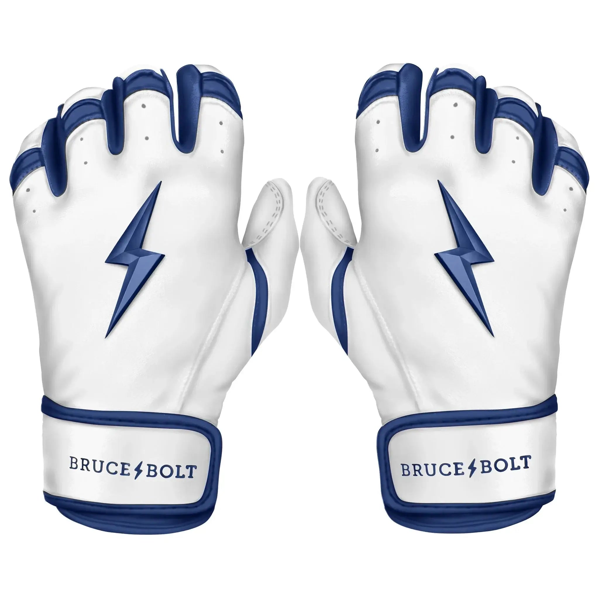Bruce Bolt Premium Pro Chrome Short Cuff Batting Gloves in navy and white, featuring a lightning bolt design for ultimate grip and comfort.