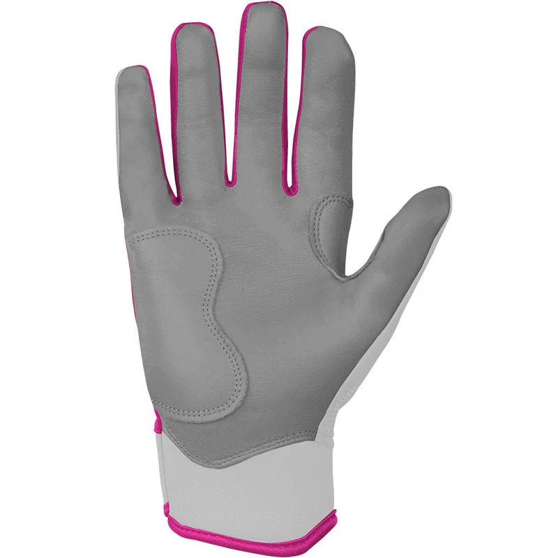 Bruce Bolt Pink Chrome Batting Gloves palm close-up highlighting double reinforced Cabretta leather for maximum durability.