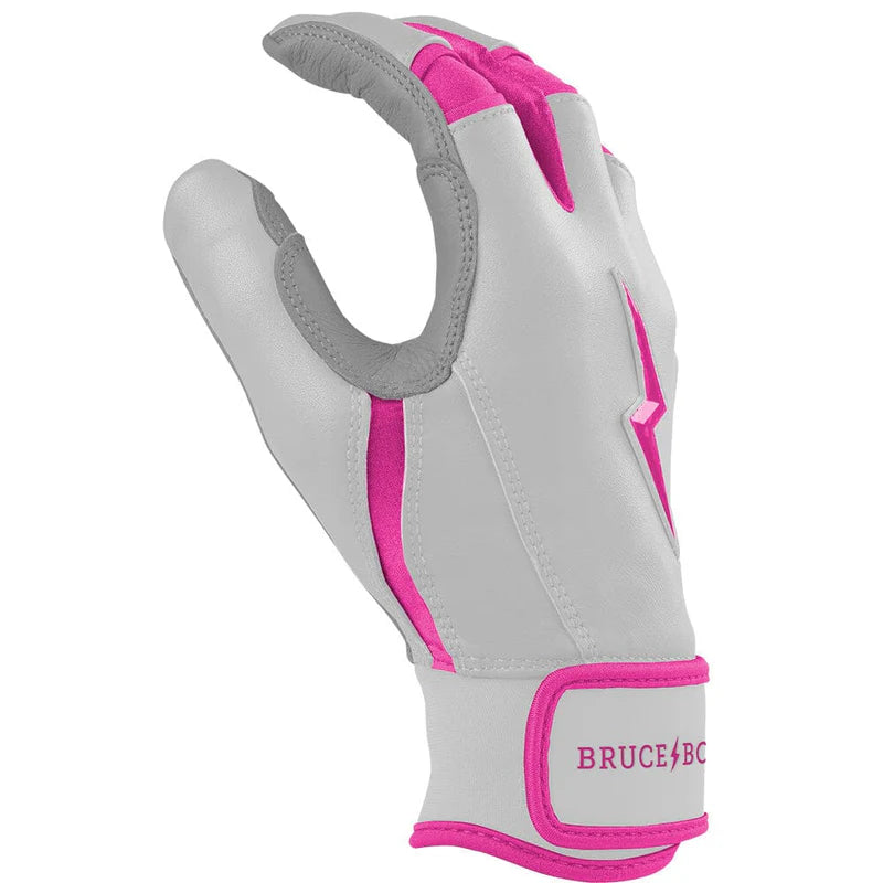 Bruce Bolt Chrome Pink Batting Gloves side thumb detail showing expert stitching and craftsmanship.