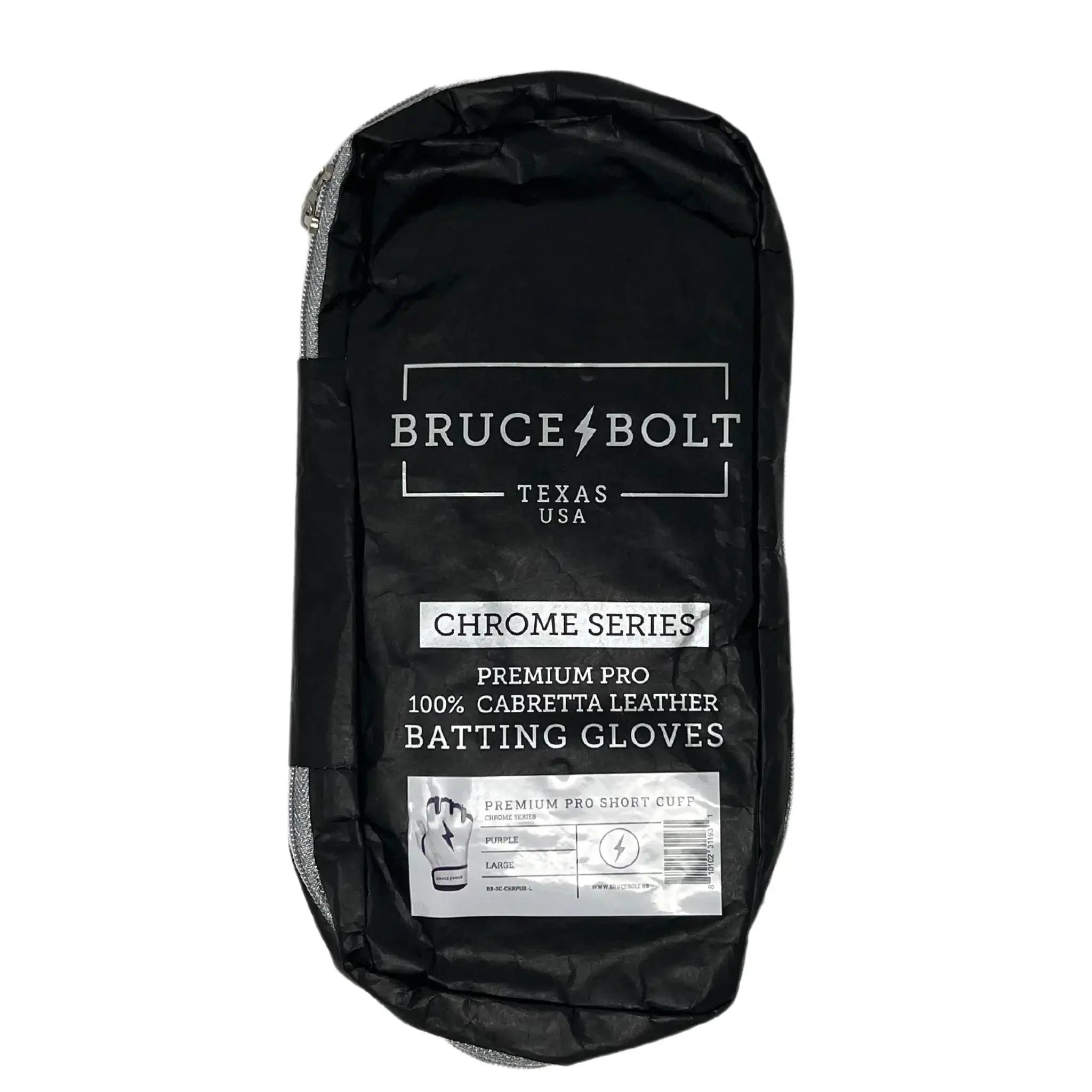 Bruce Bolt Premium Pro Chrome Short Cuff Batting Gloves packaging, featuring 100% Cabretta leather in a sleek design.