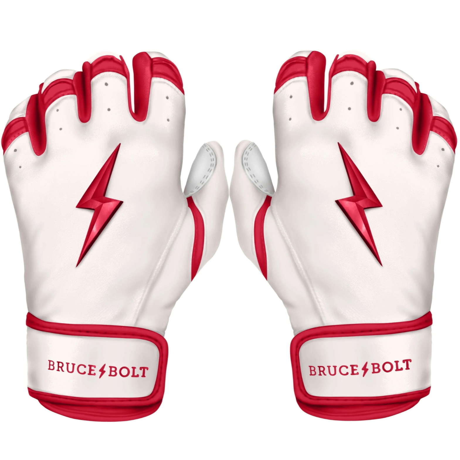 Bruce Bolt Premium Pro Chrome Short Cuff Batting Gloves in red and white with lightning bolt logo.