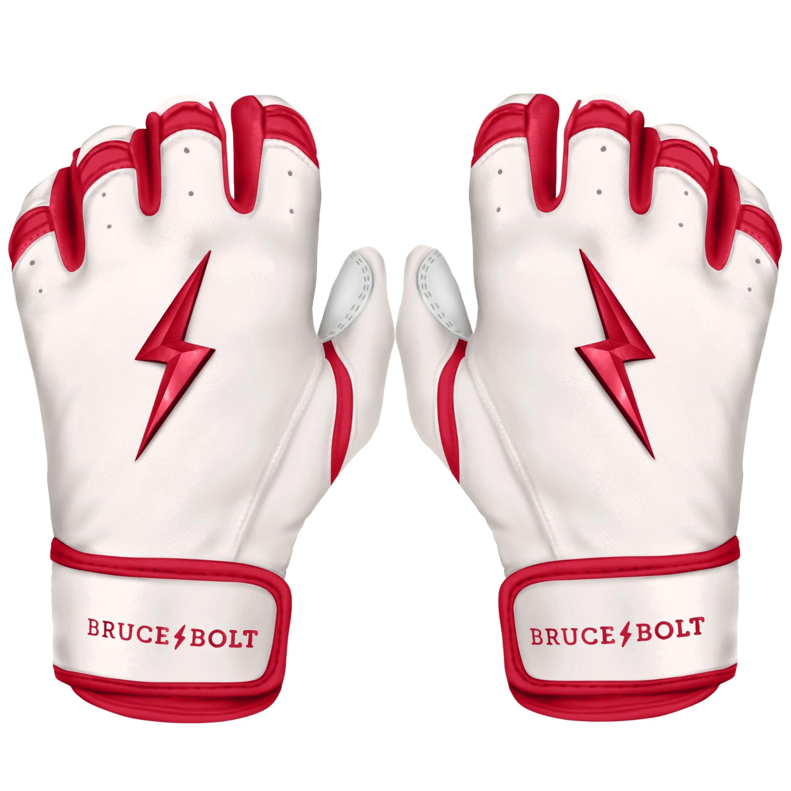 Bruce Bolt Youth Premium Pro Chrome Short Cuff Batting Gloves in Red with lightning bolt design and ergonomic fit.