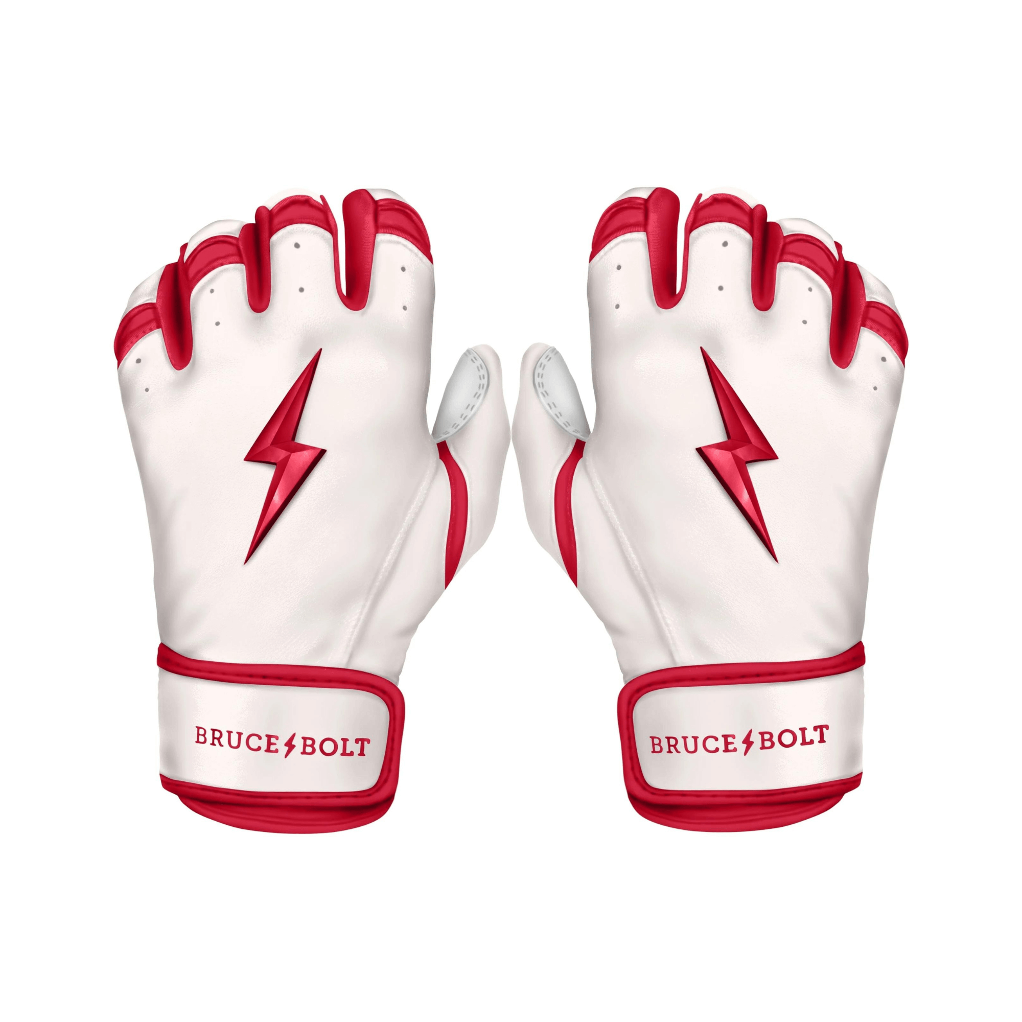 Bruce Bolt Youth Premium Pro Chrome Short Cuff Batting Gloves in Red with lightning bolt design and ergonomic fit.