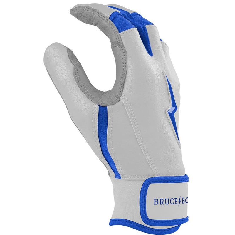 Bruce Bolt Youth Chrome Series Royal batting gloves thumb close-up highlighting reinforced stitching.