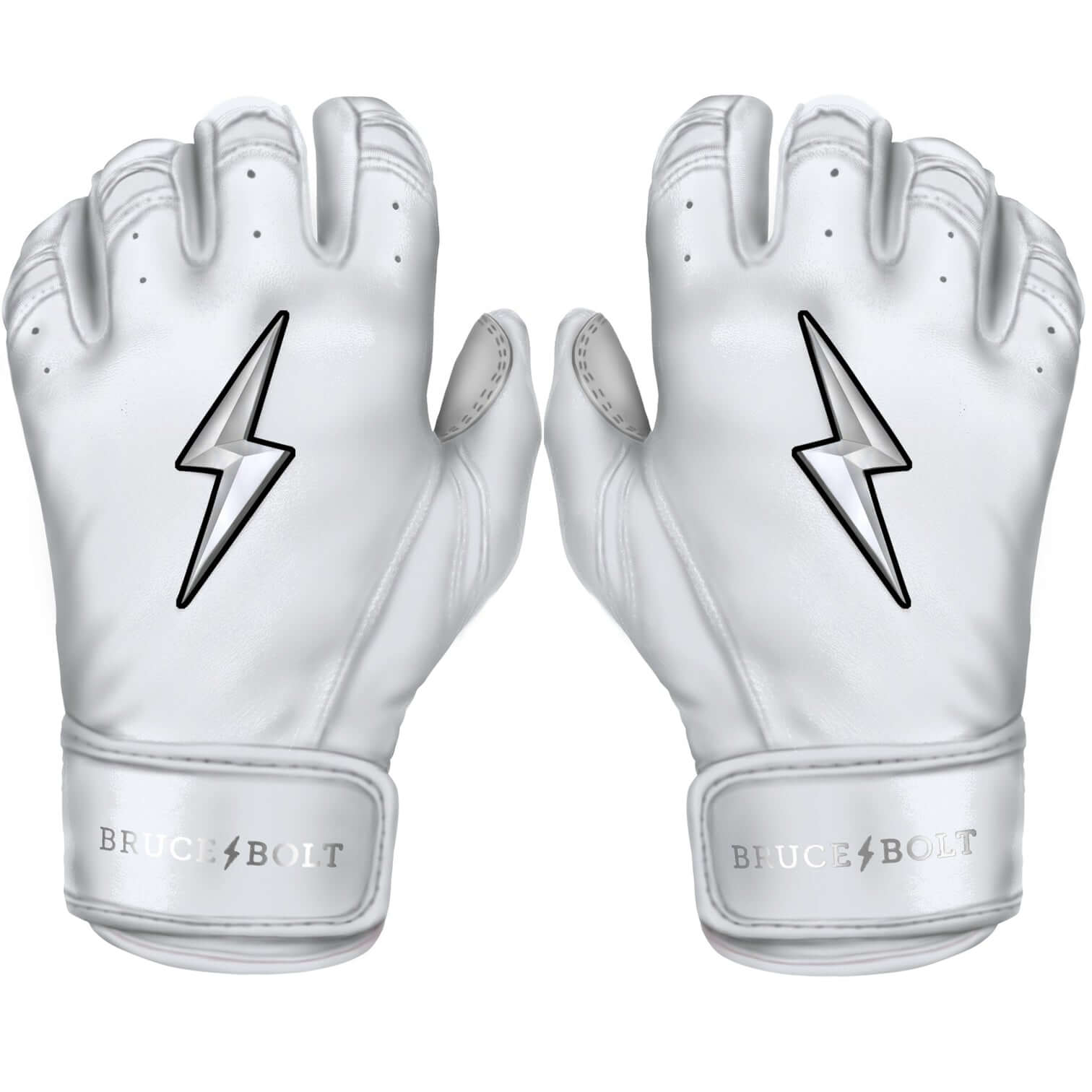 Bruce Bolt Premium Pro Chrome Short Cuff Batting Gloves in white with lightning bolt design for superior performance.