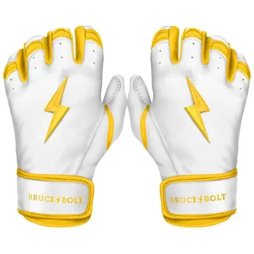 Bruce Bolt Premium Pro Chrome Short Cuff Batting Gloves in yellow and white, featuring a lightning bolt design for enhanced performance.