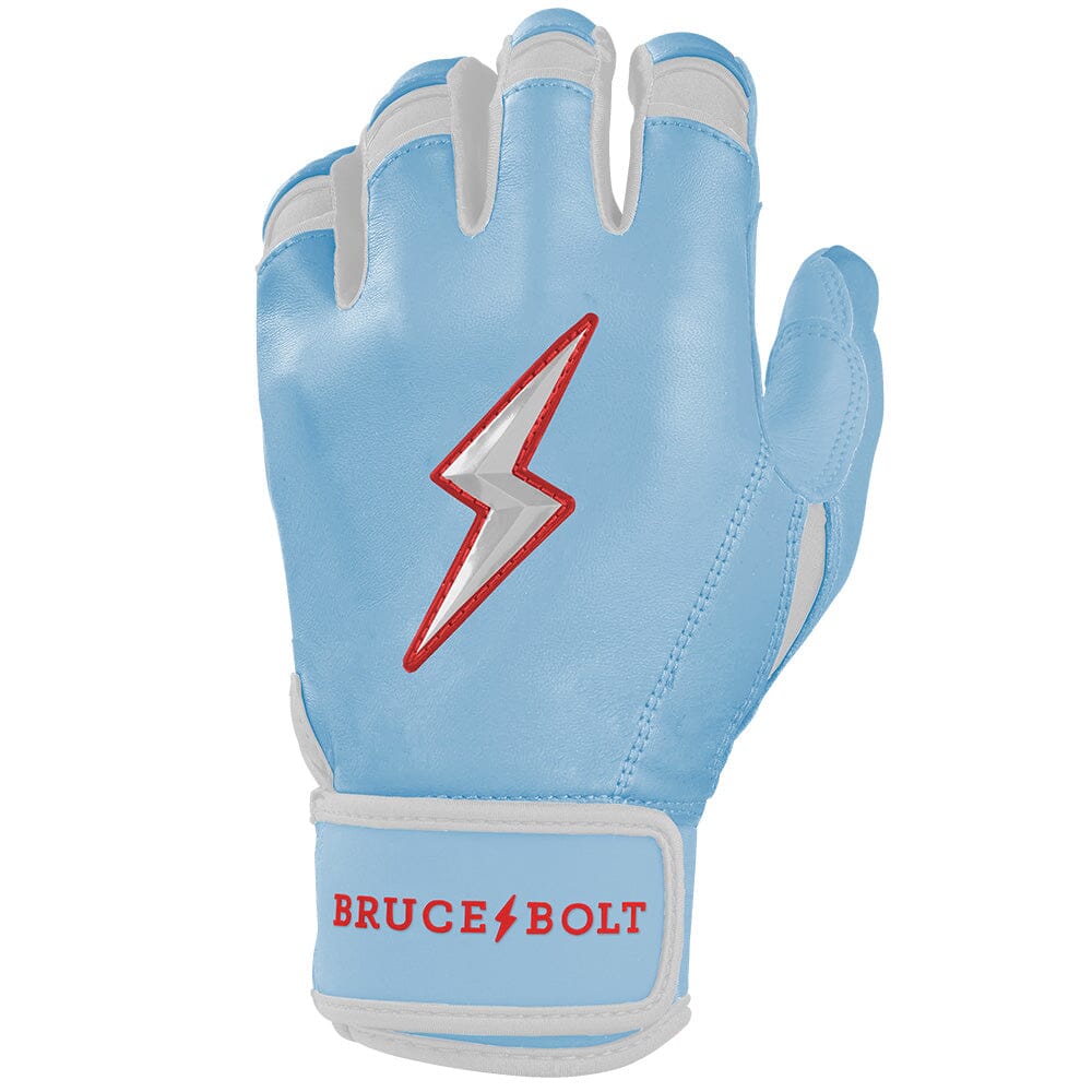 Bruce Bolt Ian Happ Signature Short Cuff adult batting gloves in baby blue with lightning bolt design.