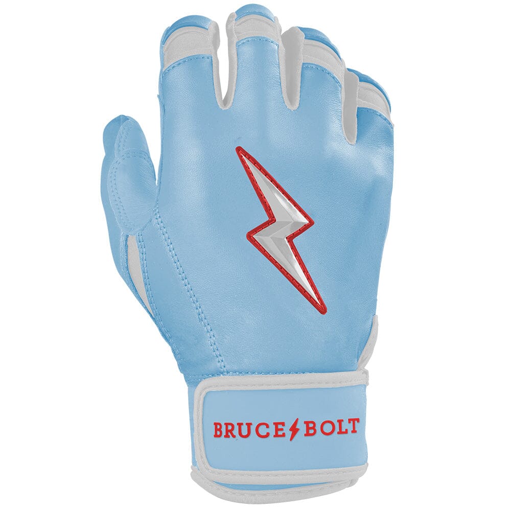 Bruce Bolt Ian Happ Signature Short Cuff adult batting glove back view featuring baby blue Cabretta leather, red lightning bolt logo and adjustable cuff.