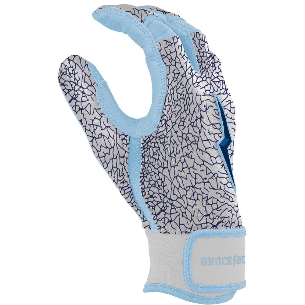 Bruce Bolt Ian Happ Adult Batting Gloves Elephant Print short cuff with navy and baby blue design.
