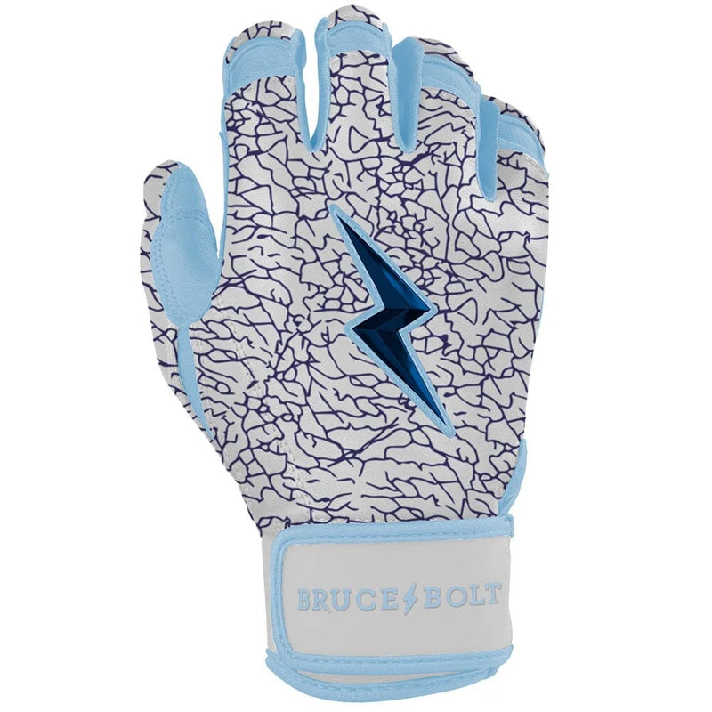 Bruce Bolt Ian Happ Adult Batting Gloves in navy elephant print with baby blue accents, featuring a unique short cuff design.