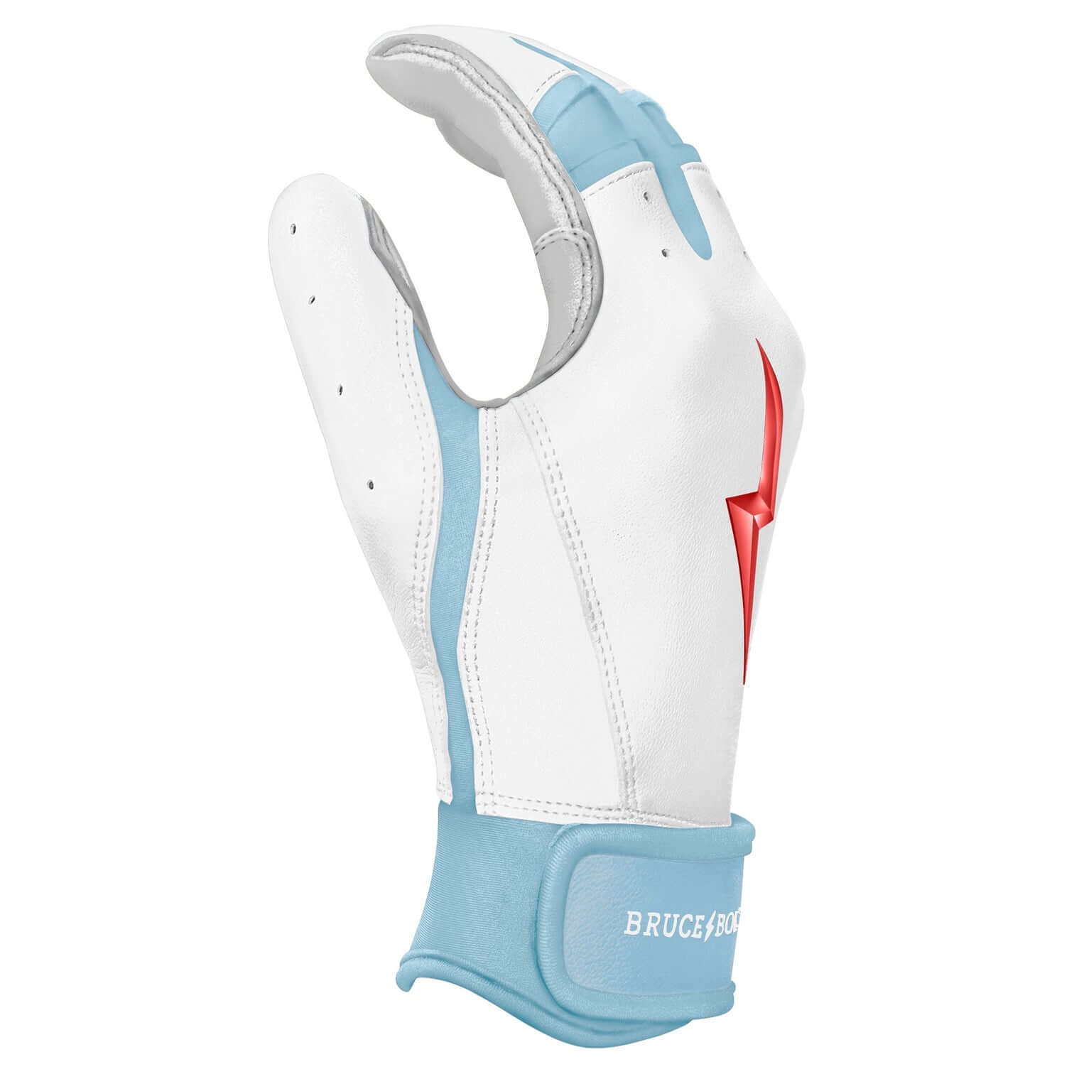 Bruce Bolt Youth Premium Pro Happ Series Short Cuff Batting Gloves in white and blue, designed for optimal performance.