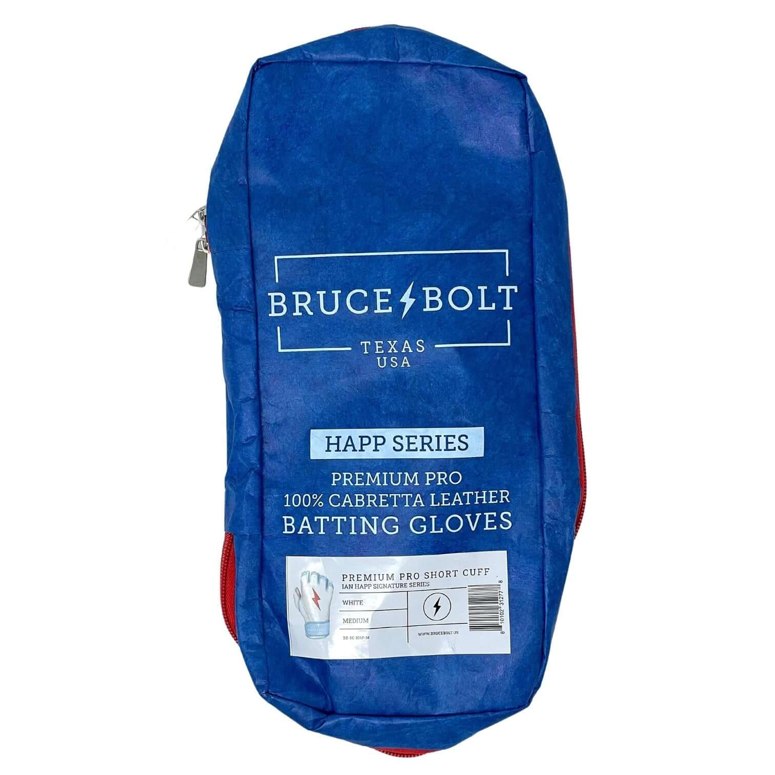 Bruce Bolt Happ Series premium pro batting gloves packaging in blue with red accents, made from 100% cabretta leather.