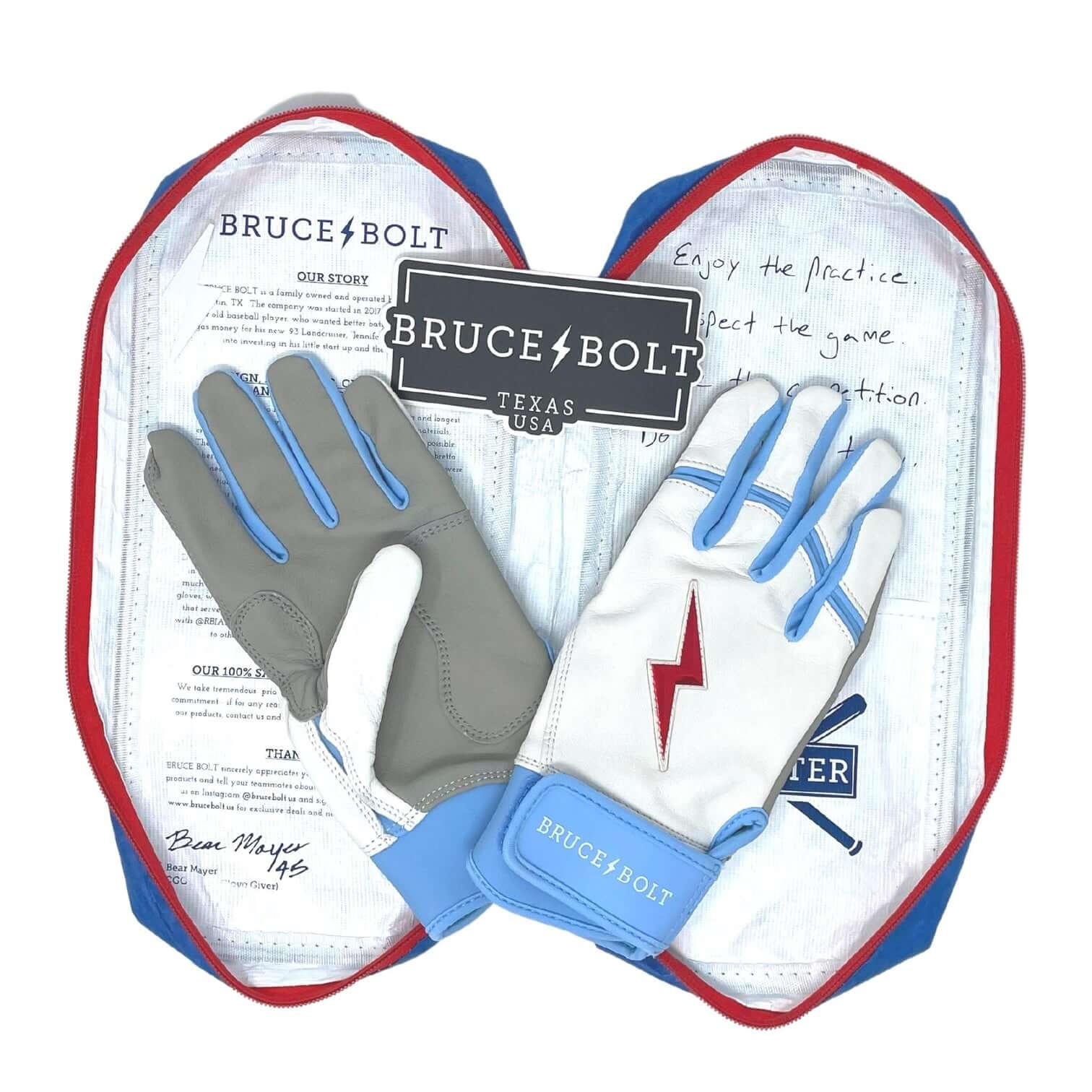Bruce Bolt Youth Premium Pro Happ Series Short Cuff Batting Gloves with Chicago flag color scheme, soft and durable design.