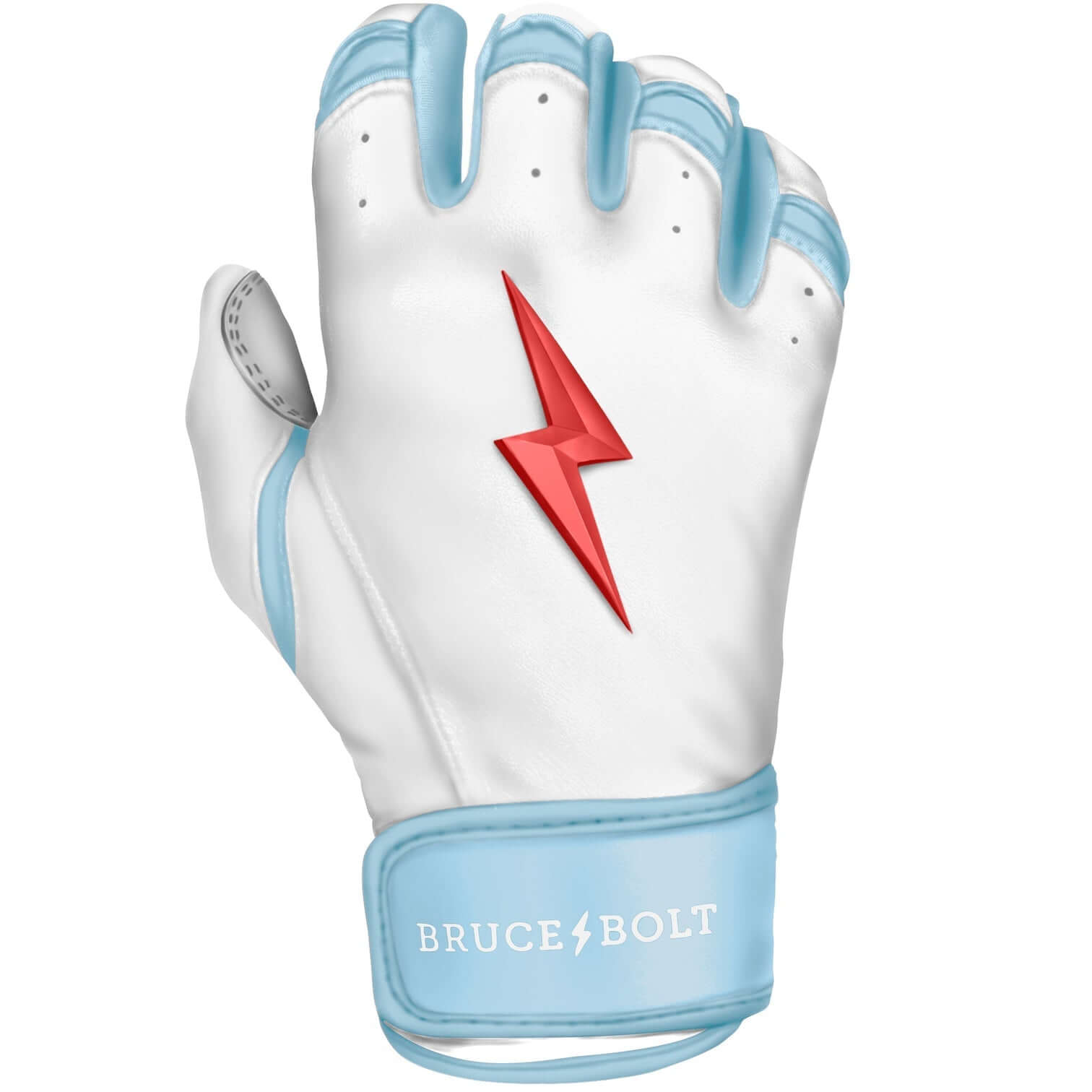 Bruce Bolt Youth Premium Pro Happ Series Short Cuff Batting Gloves in white and blue with red lightning bolt logo.