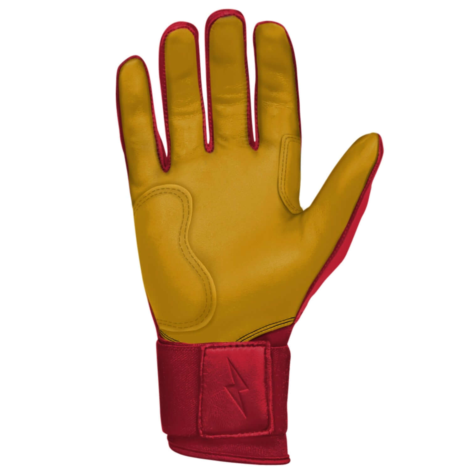 Bruce Bolt Youth Premium Pro Long Cuff Batting Gloves in red and yellow, featuring durable Cabretta leather and reinforced stitching.
