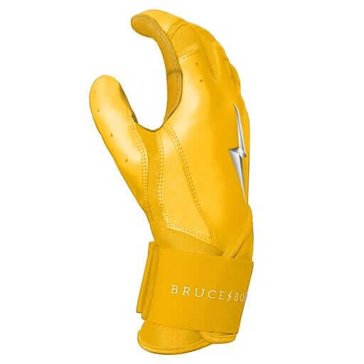 Bruce Bolt Youth Premium Pro Long Cuff Batting Gloves in yellow, featuring durable 0.9mm Cabretta leather for young players.