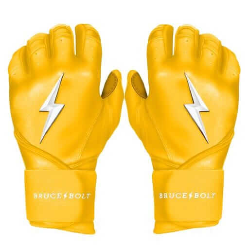 Bruce Bolt Premium Pro Long Cuff Batting Gloves in yellow with lightning bolt design for superior grip and support.