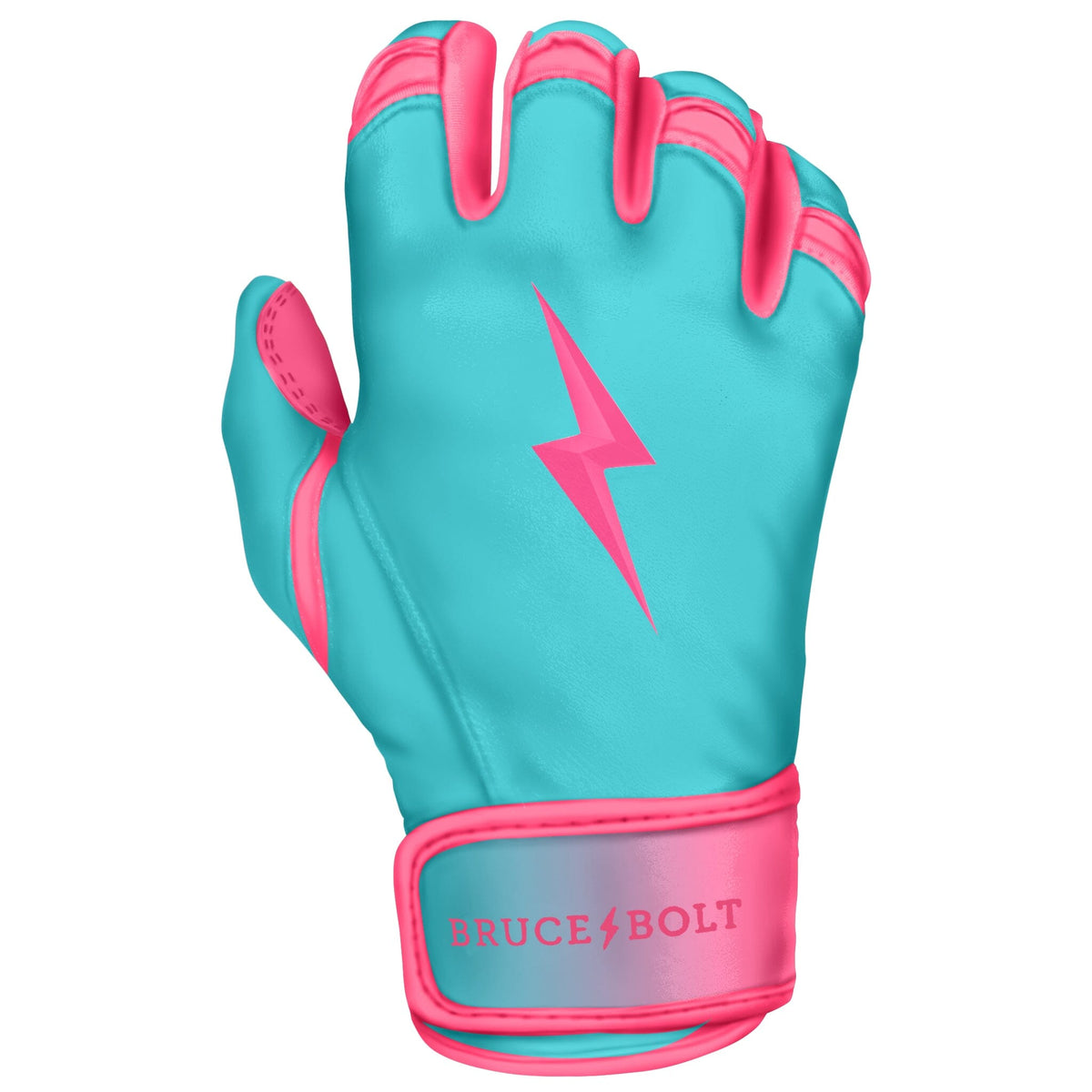 Bruce Bolt Max Clark signature short cuff youth batting gloves pink/teal, left glove
