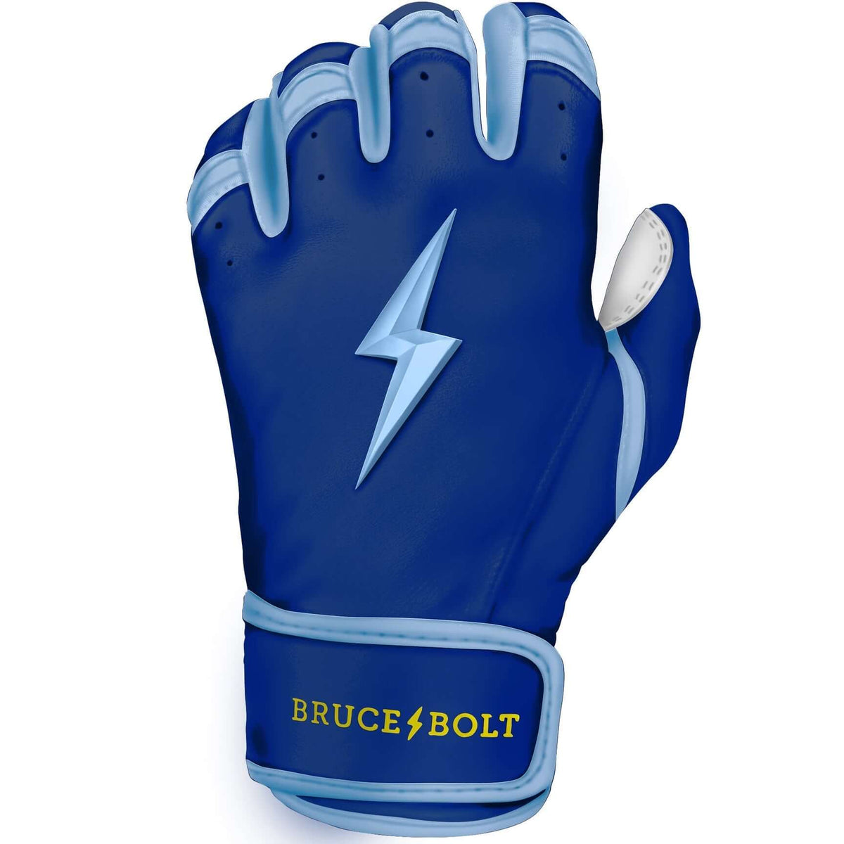 Bruce Bolt Premium Pro Phillips Series Short Cuff Batting Gloves in navy and light blue with a lightning bolt design.