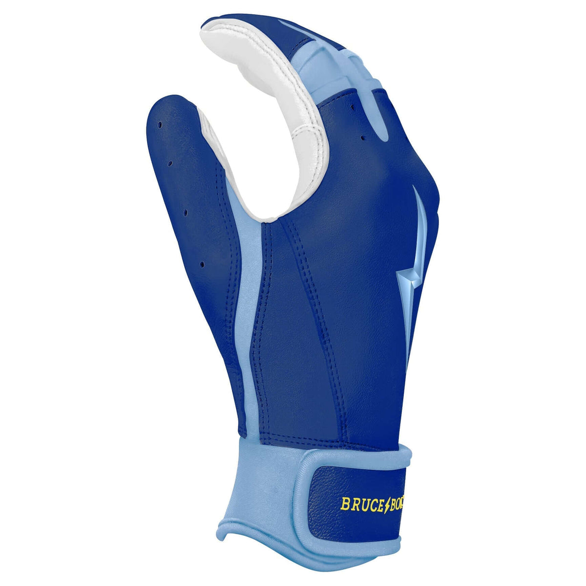 Bruce Bolt Premium Pro Phillips Series short cuff batting glove in navy and light blue, designed for optimal performance.