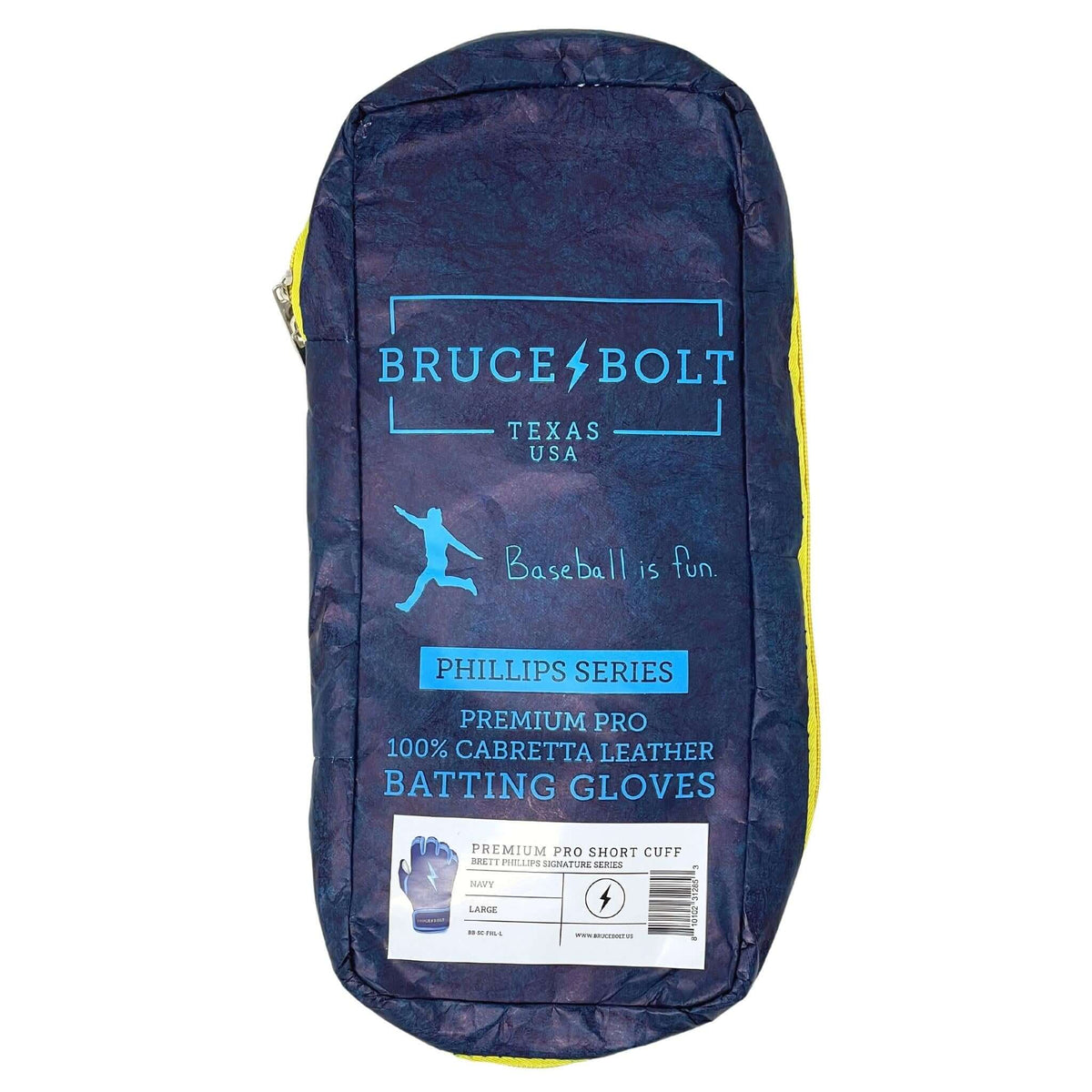 Bruce Bolt Premium Pro Phillips Series short cuff batting gloves bag featuring "Baseball is Fun!" design and vibrant colors.