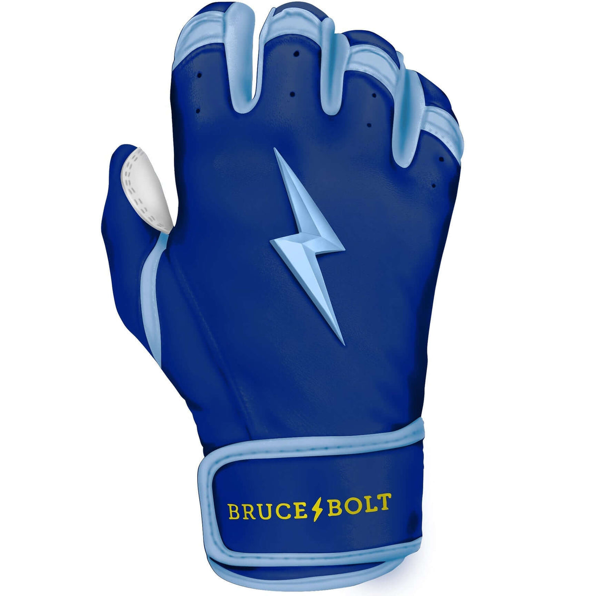 Bruce Bolt Premium Pro Phillips Series short cuff batting glove in navy and light blue with yellow logo.
