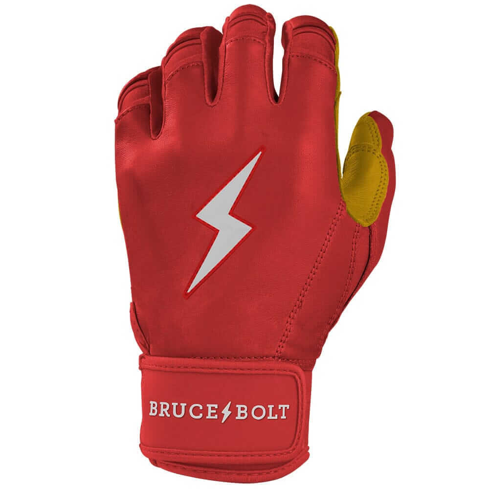 Left hand of Bruce Bolt Premium Pro Short Cuff Batting Gloves in Red