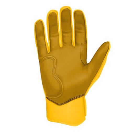 Hand view of Bruce Bolt Premium Pro Short Cuff Batting Gloves in yellow, showcasing the durable leather palm and quality craftsmanship.