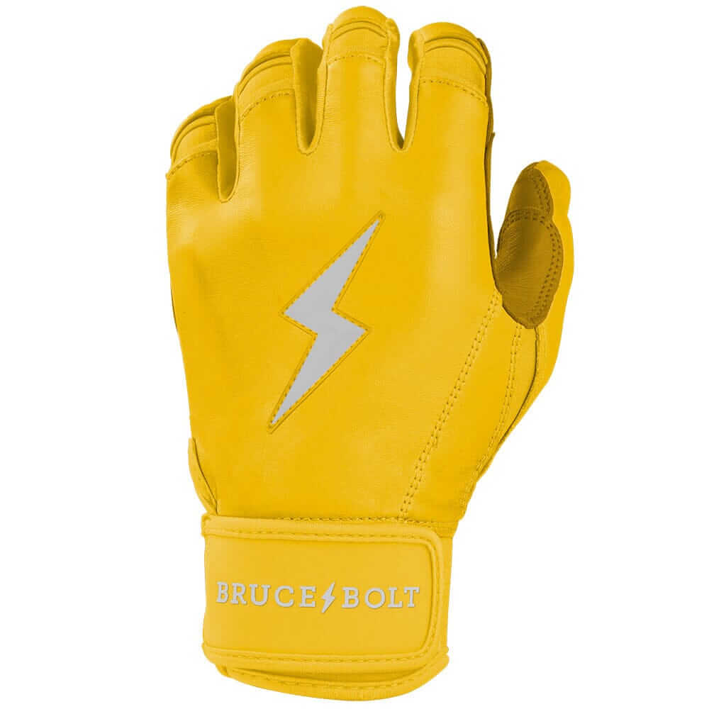 Bruce Bolt Premium Pro Short Cuff Batting Gloves - Yellow left hand lycra wrist trap for superior support.