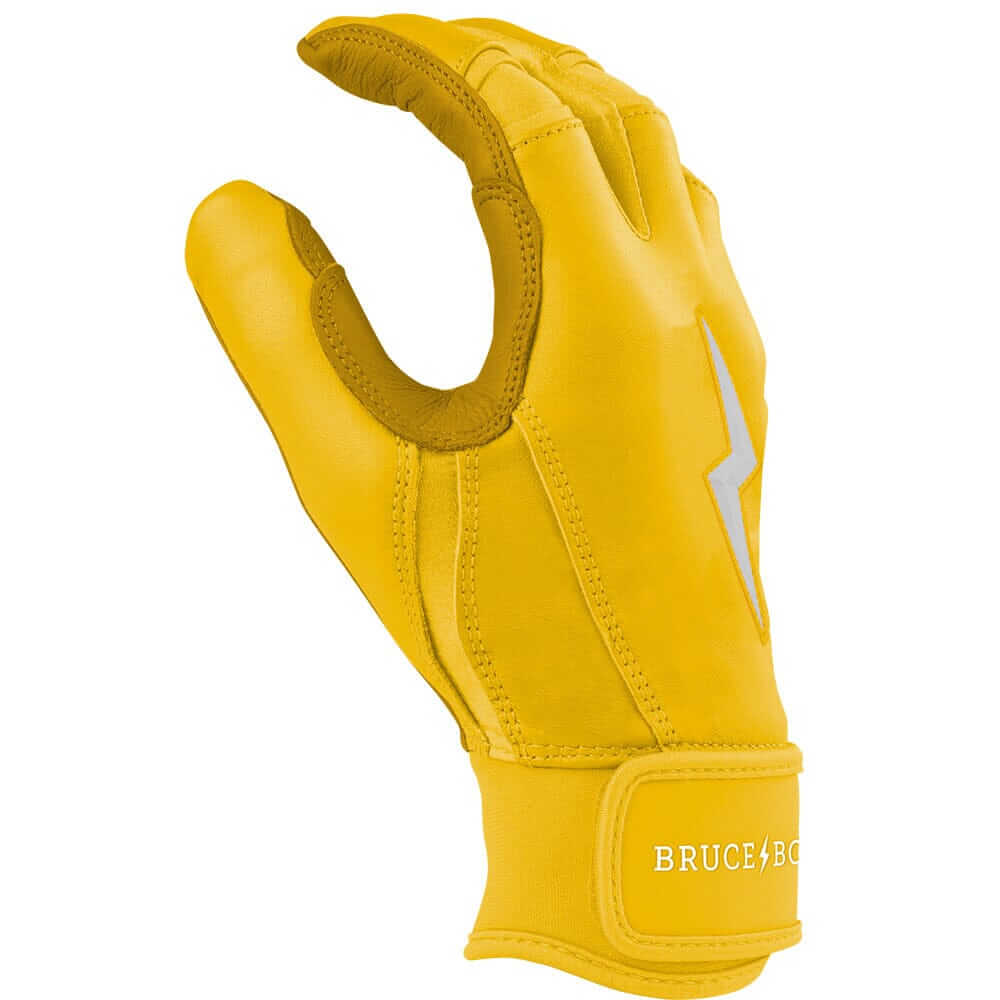 Bruce Bolt Premium Pro Short Cuff Batting Gloves - Yellow showing stitching techniques, buttery soft feel and 0.9mm Cabretta leather.
