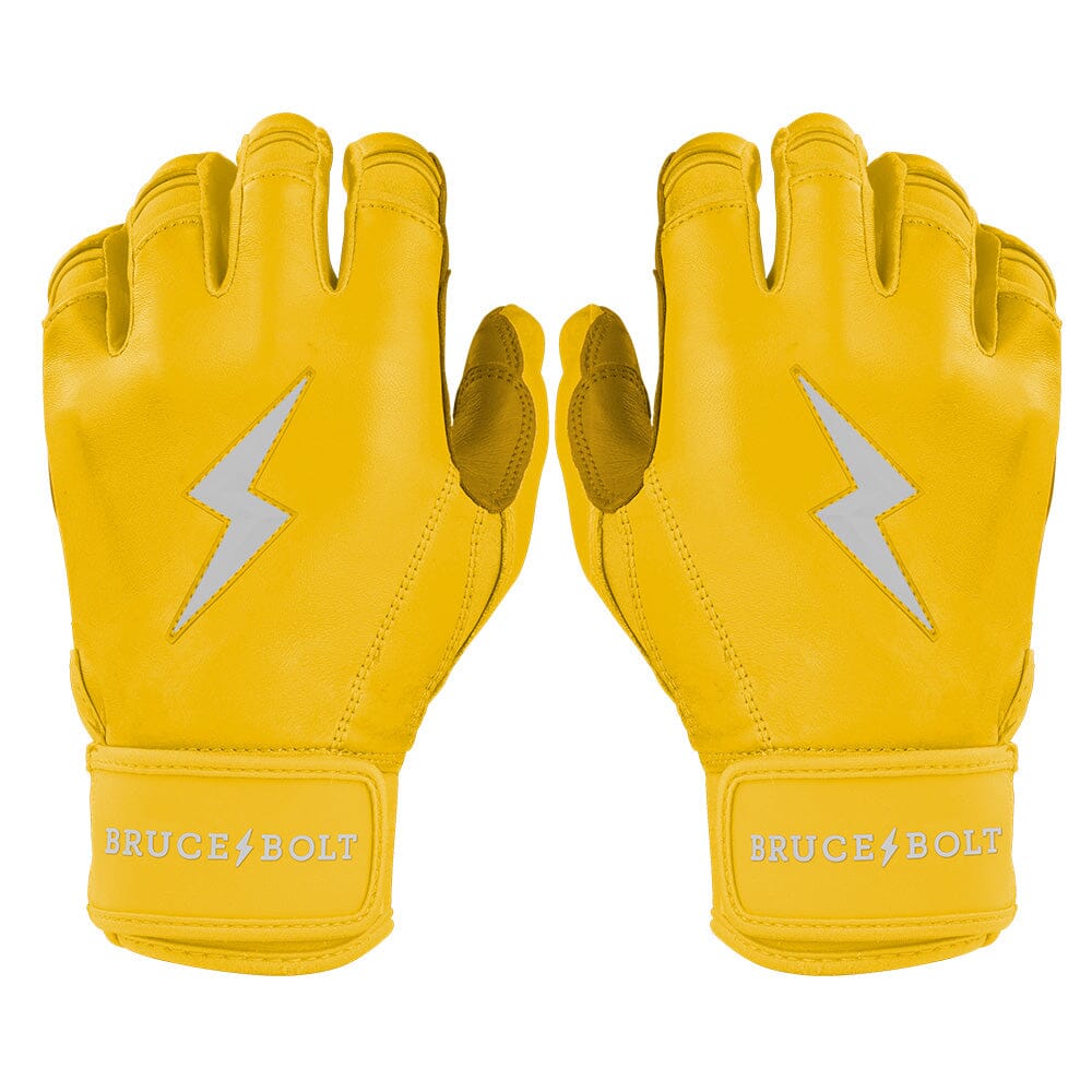 Bruce Bolt Youth Premium Pro Short Cuff Batting Gloves in vibrant yellow with lightning bolt design. Ideal for young ballplayers.