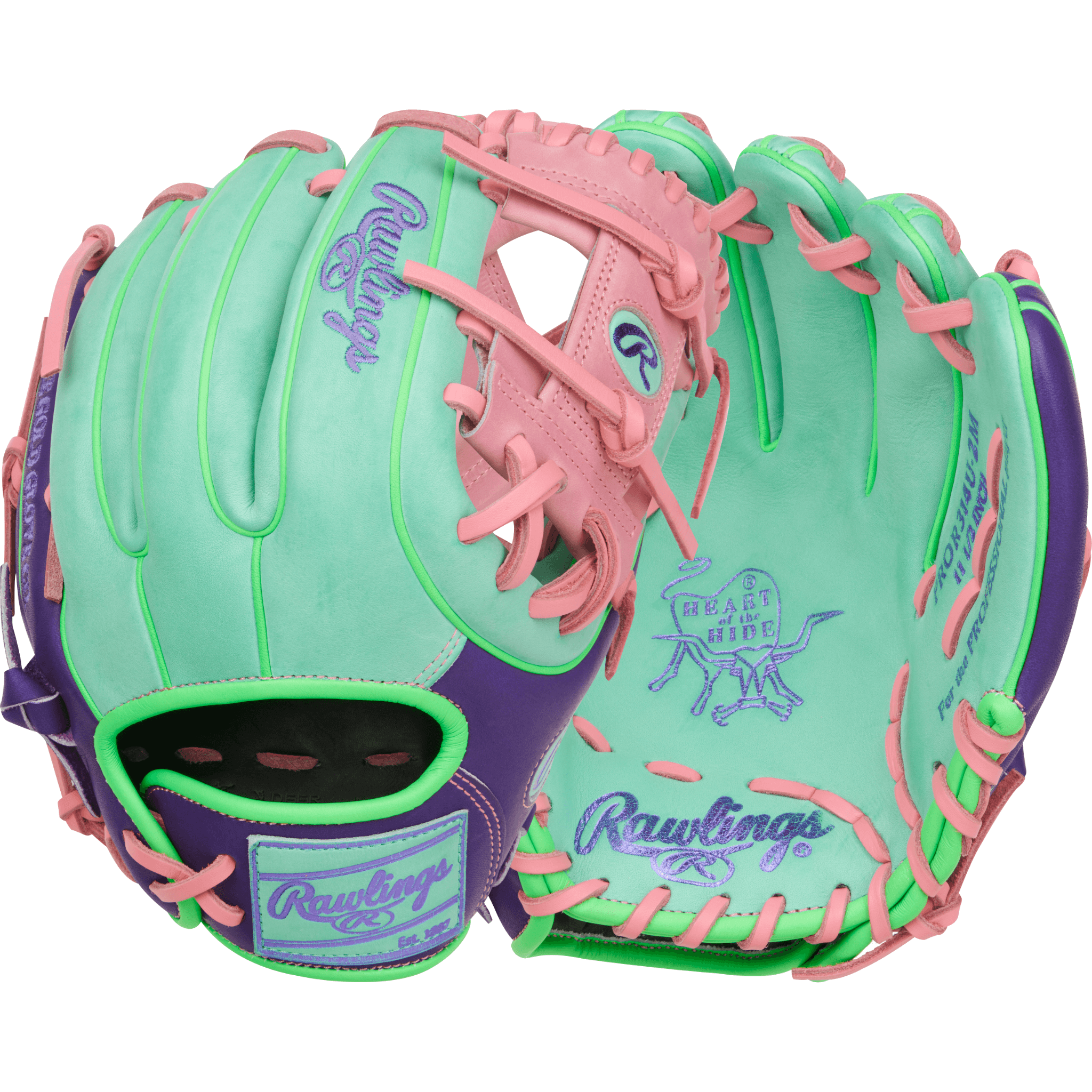 Rawlings Heart of the Hide 11.5" glove showing palm and back views in Mint, Purple, and Pink for right-handed infielders
