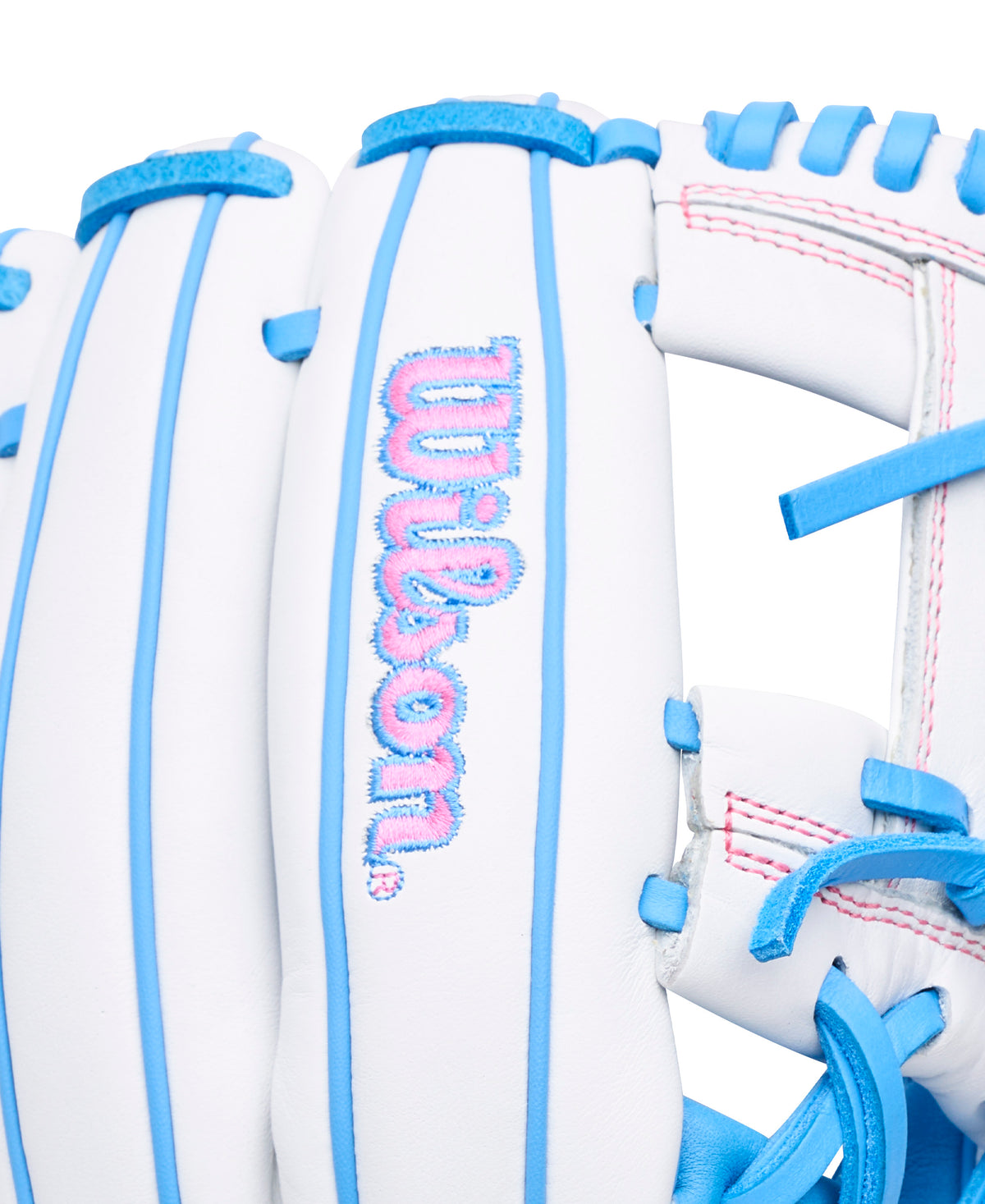 Wilson 2027 A1000 H12 Fastpitch Glove featuring light blue stitching and detailing, close-up view of the glove's padding and webbing.