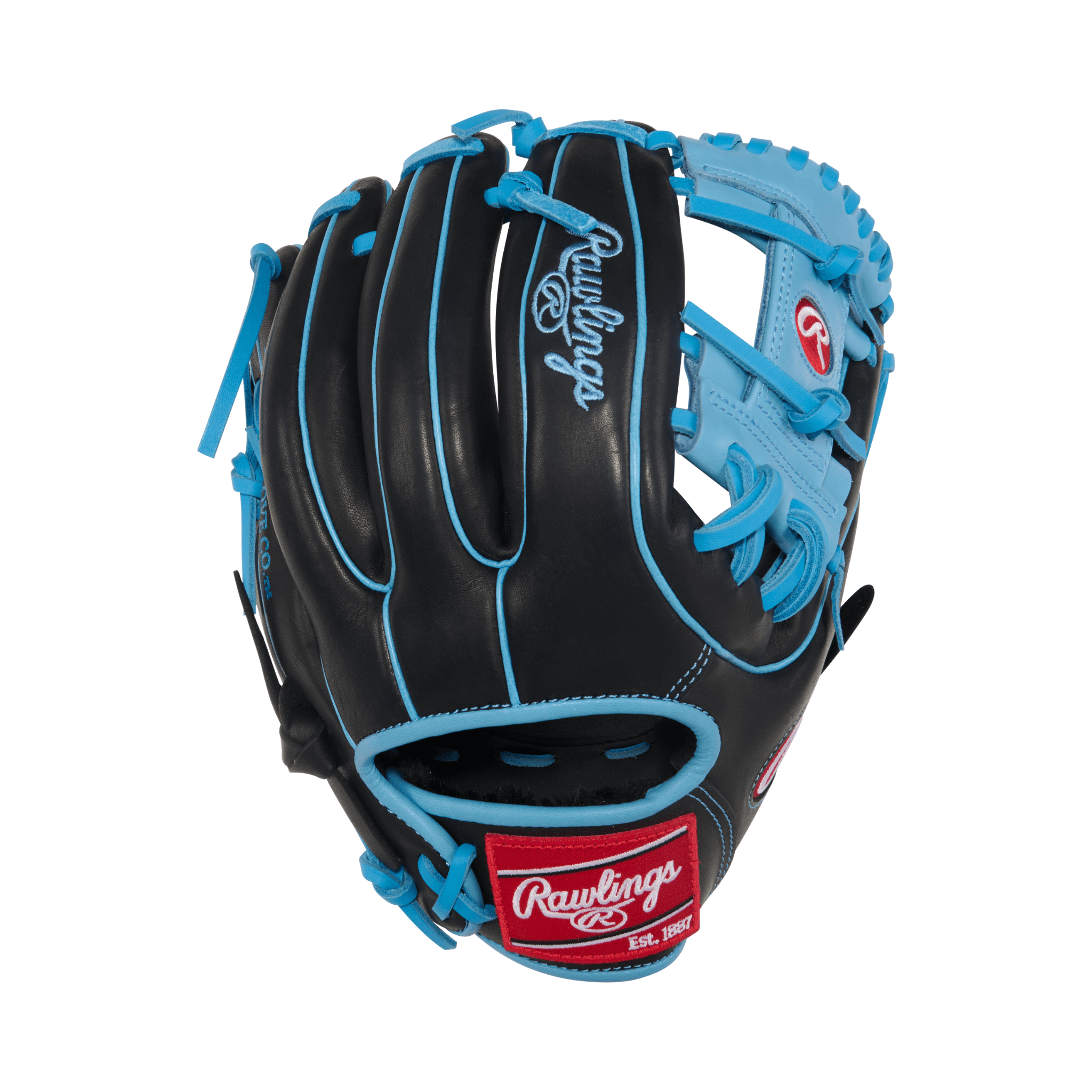 Rawlings R9 11.5-inch baseball glove in black and Columbia blue, designed for right-handed infield performance.